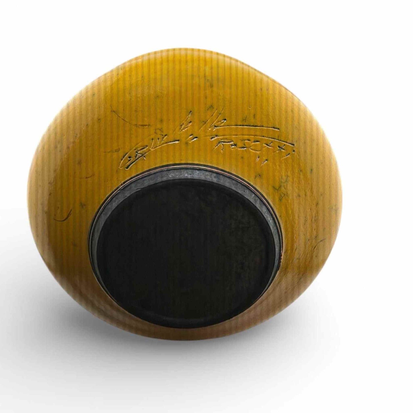 Signed French studio pottery vase c.1930s with ochre crackle glaze and stylized landscape motif