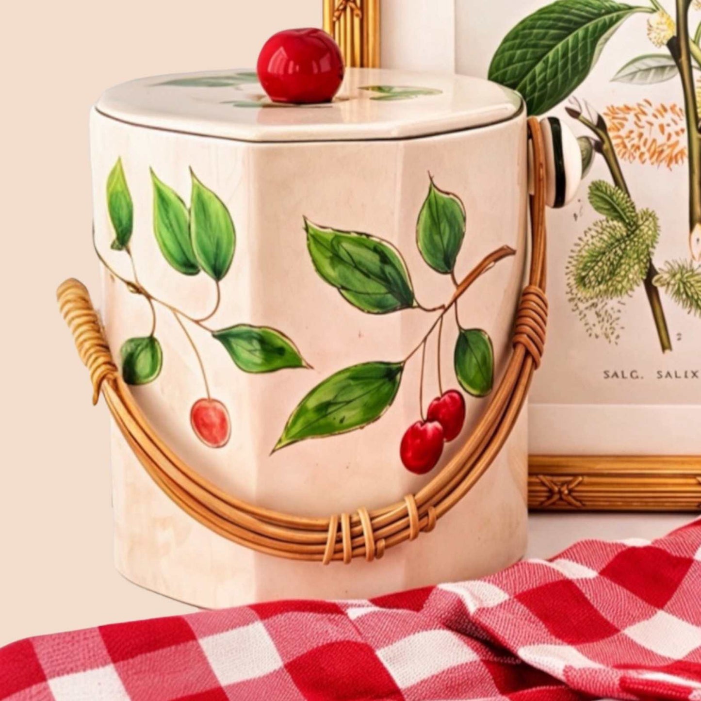 Vintage cherry jar with hand-painted cherries and rattan handle