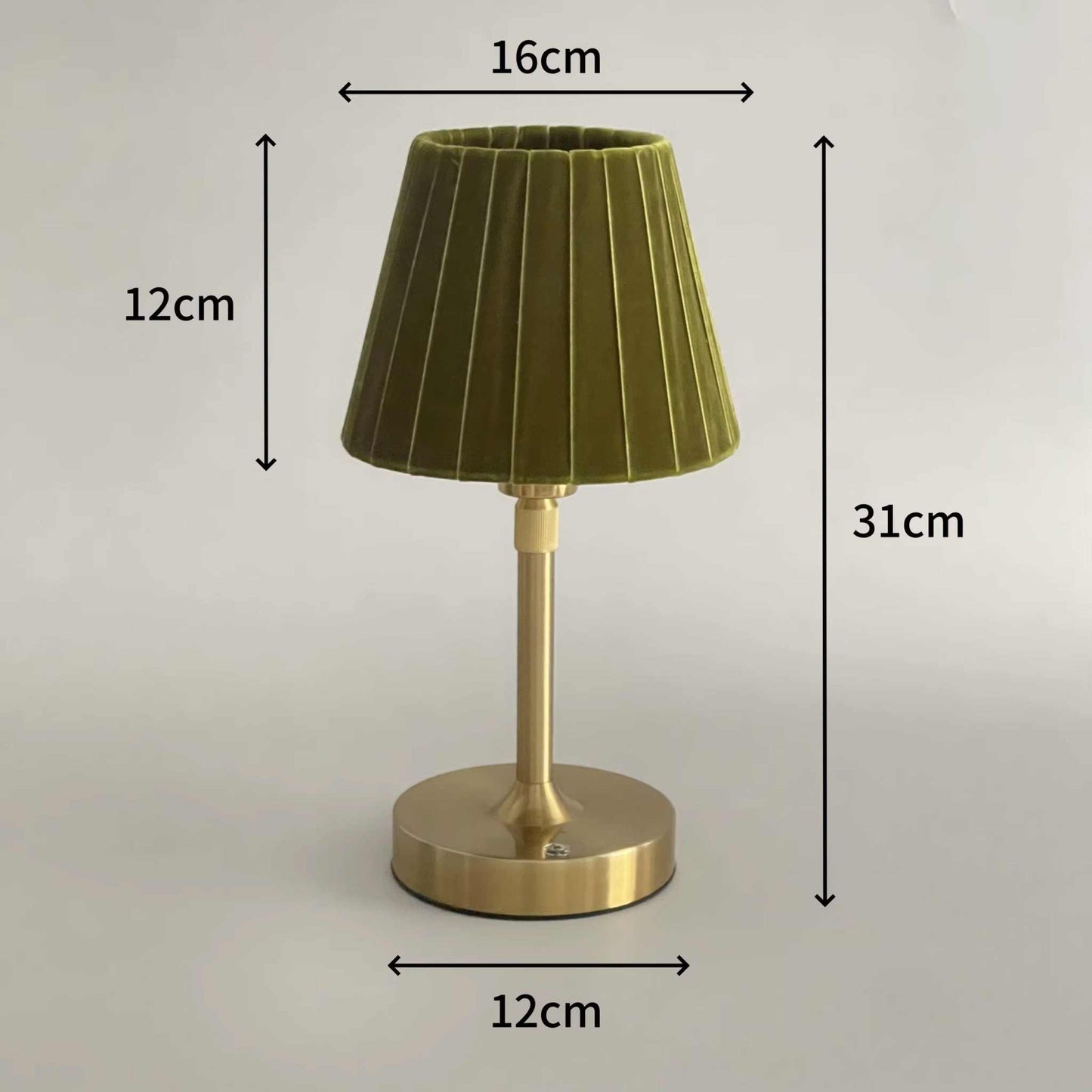 Olive velvet pleated cordless table lamp with brushed brass base, 31cm height, 2700K warm light, touch dimming