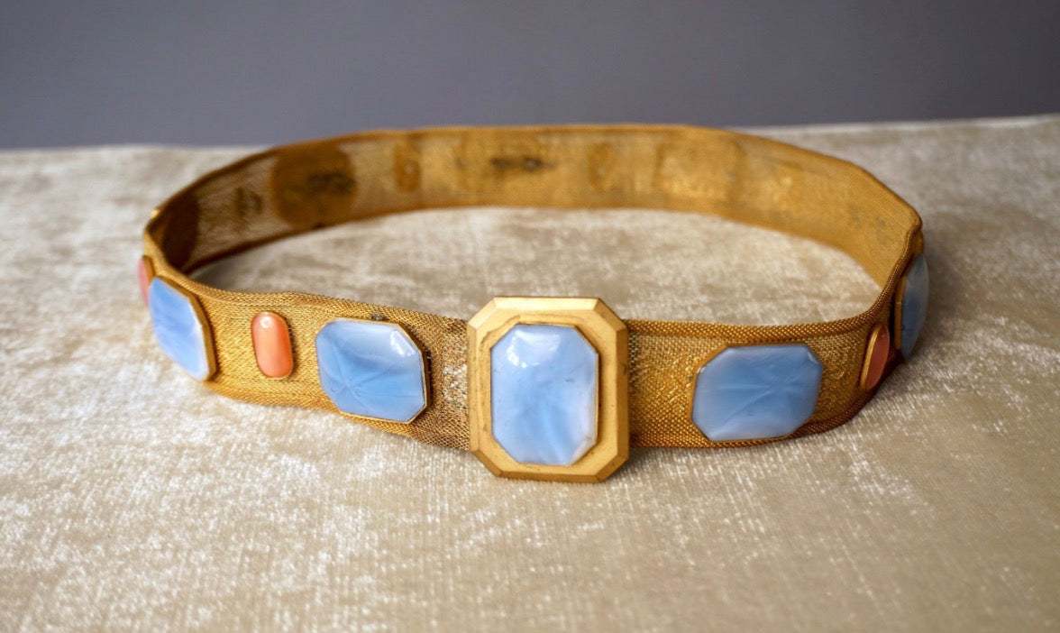
                  
                    Antique Edwardian to Art Deco Gilt Mesh Belt with Blue & Pink Glass Cabochons - Curated Home Decor
                  
                