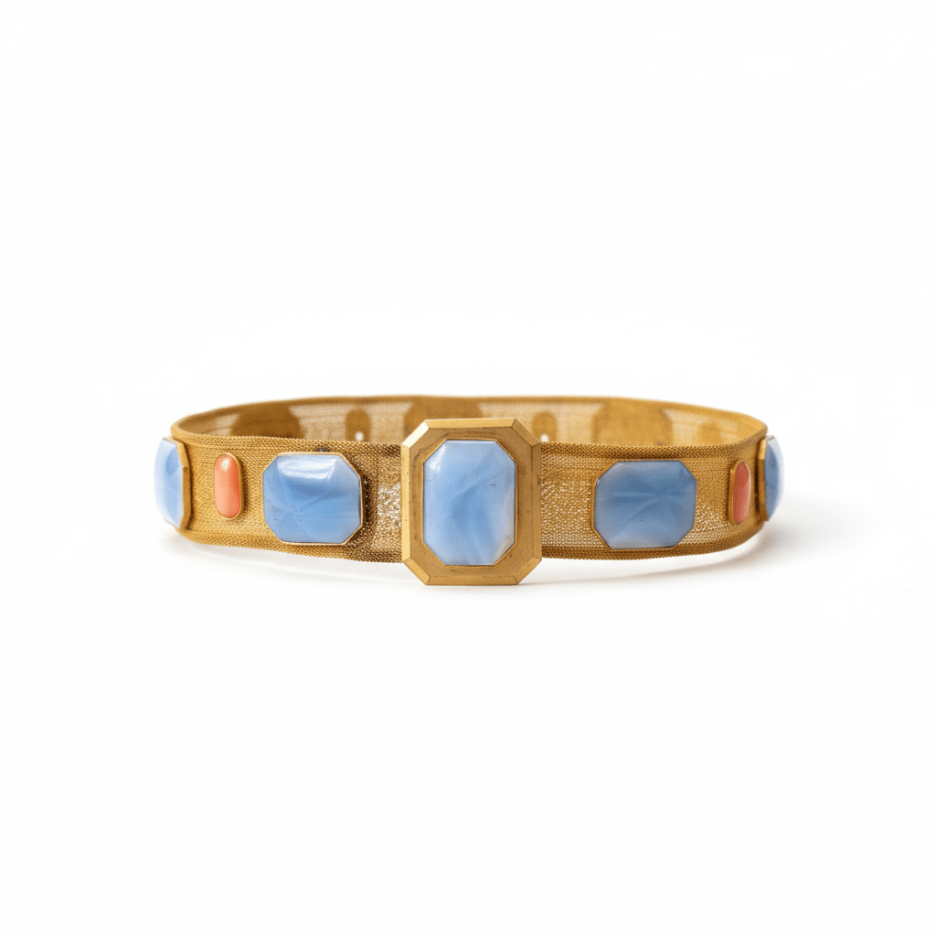 
                  
                    Antique Edwardian to Art Deco Gilt Mesh Belt with Blue & Pink Glass Cabochons - Curated Home Decor
                  
                