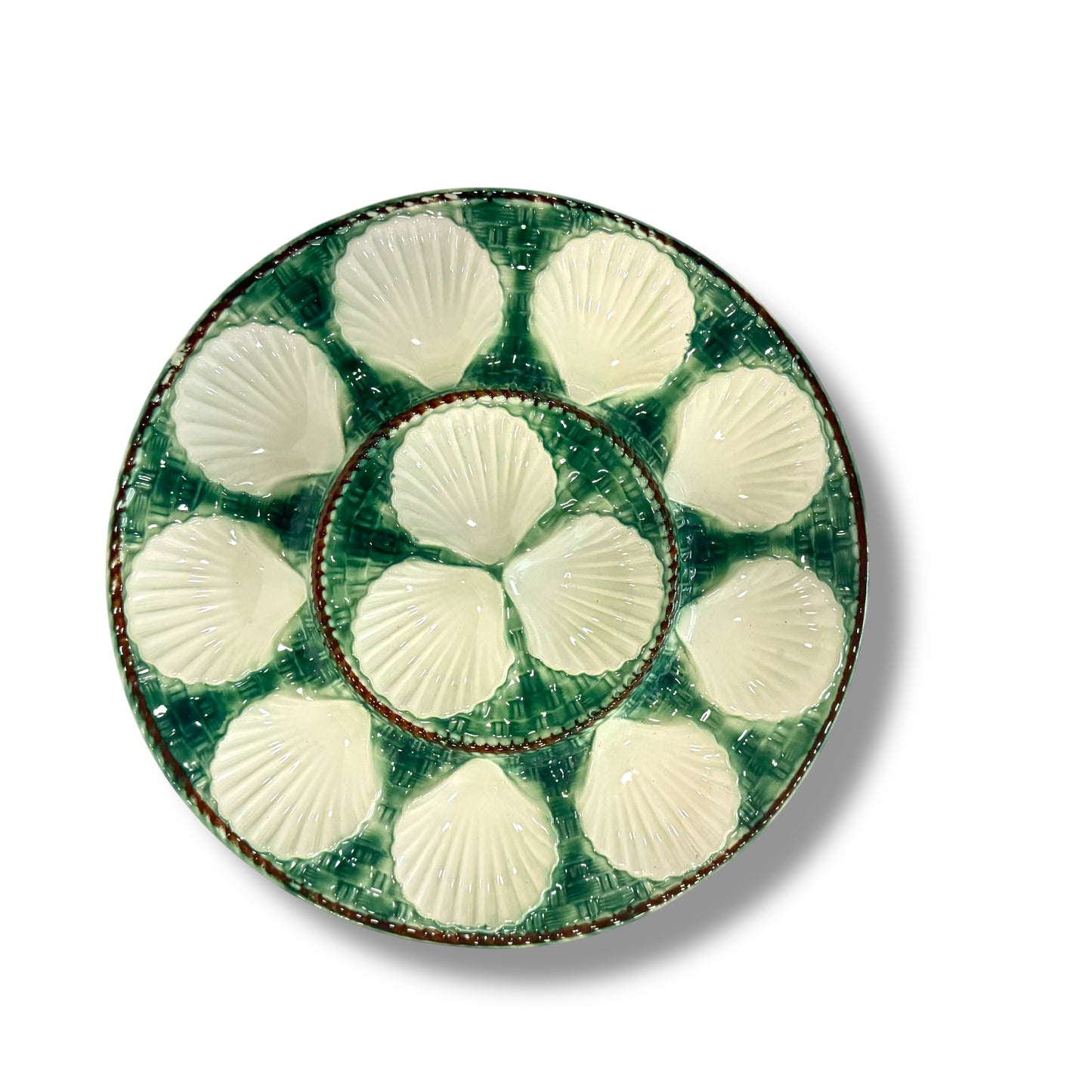 Large French Green Majolica Oyster Serving Plate – Stamped Longchamp, 13”