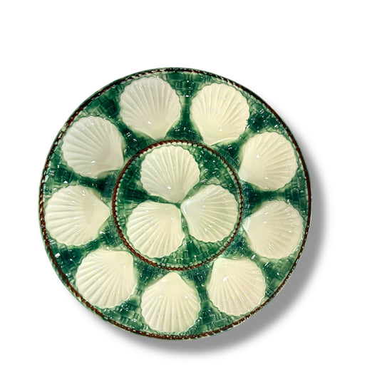 Large French Green Majolica Oyster Serving Plate – Stamped Longchamp, 13”