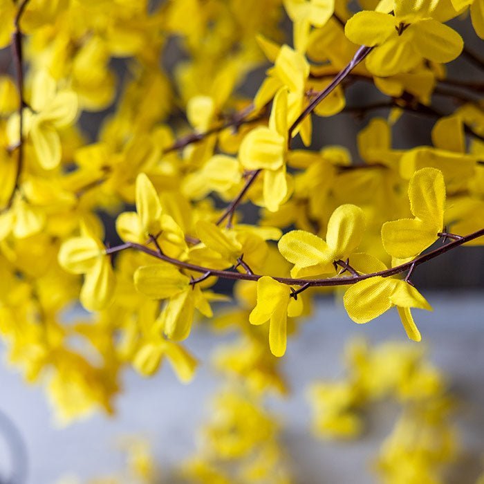 
                  
                    Close-up of amber yellow blossoms on the Abigail Ahern artificial forsythia stem
                  
                
