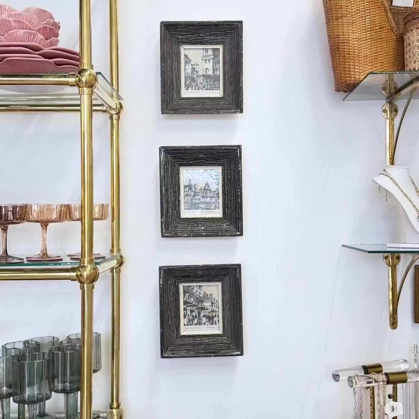 
                  
                    Set of 3 vintage framed Paris and Versailles street scene prints with distressed wood frames
                  
                