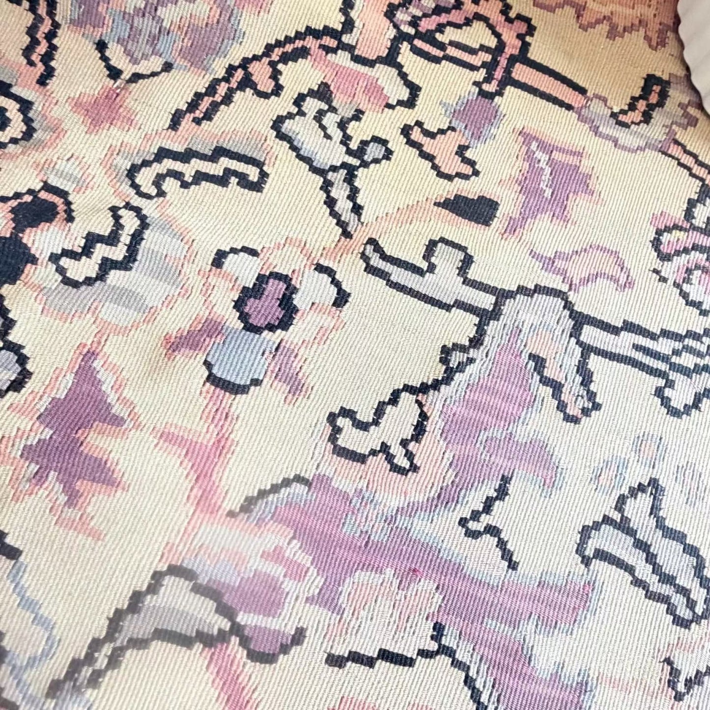 
                  
                    Vintage Turkish rug with faded blush and plum floral design, handwoven wool, 6’10” x 8’6”
                  
                