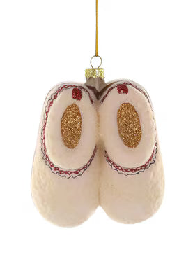 
                  
                    Glass fleece slippers ornament with gold glitter soles and embroidered details hanging decoration
                  
                