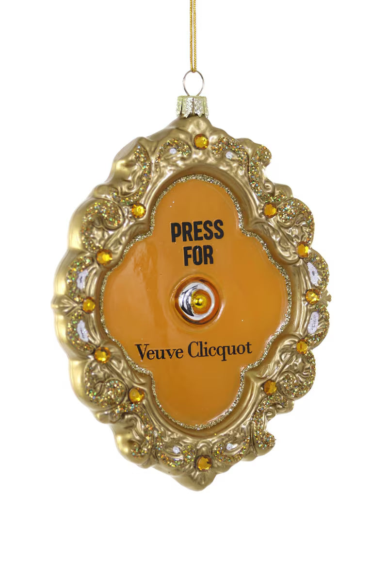 Gold and orange Press for French Champagne Ornament with decorative edging and hanging loop for holiday decor