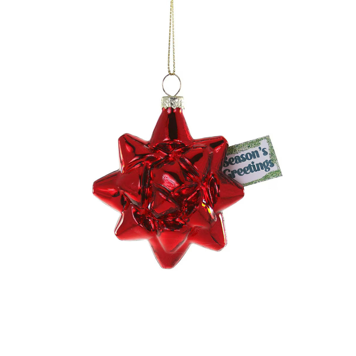 Vintage red glass bow ornament with shimmering finish and "Season's Greetings" tag hanging on gold string