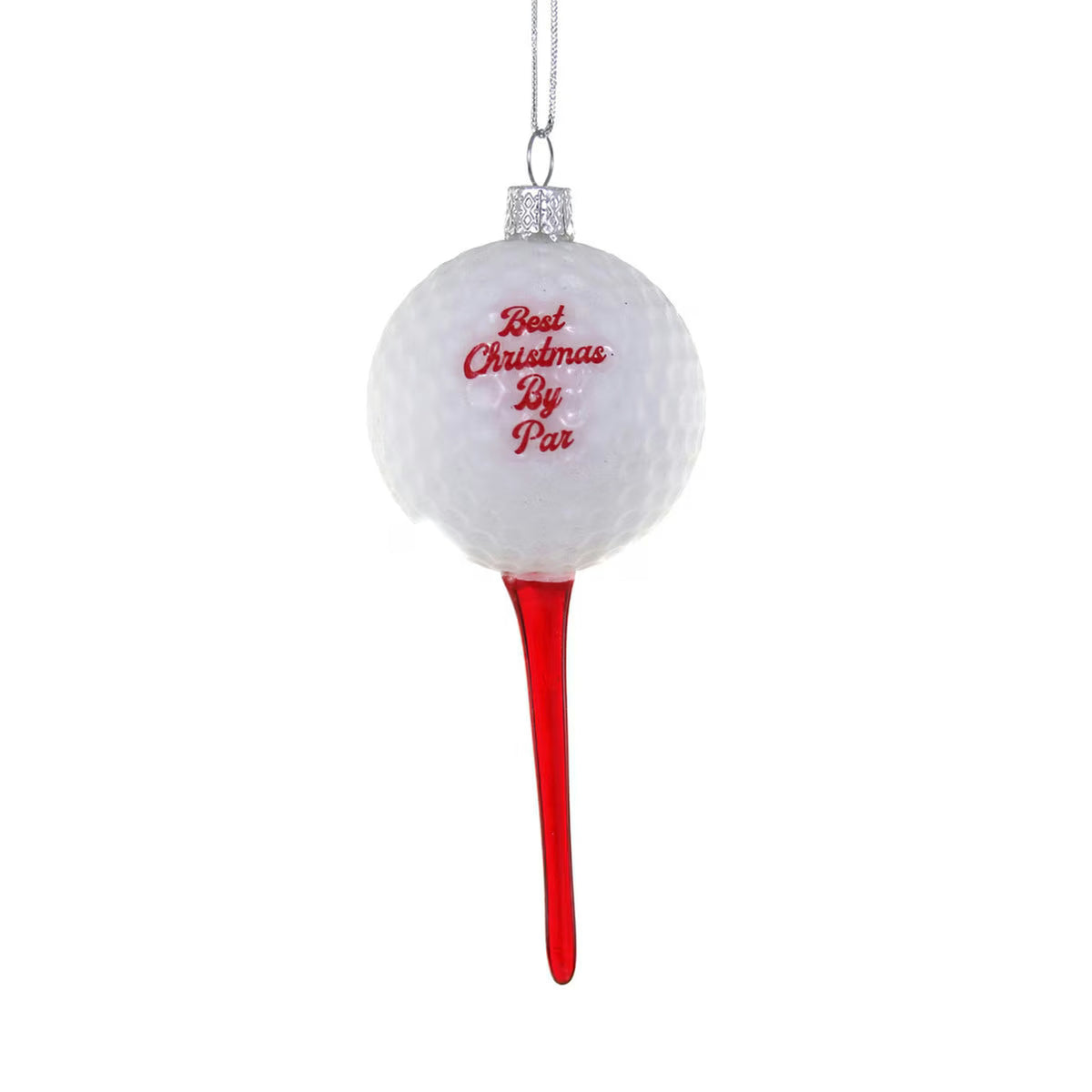Christmas By Par Tee Ornament featuring a glossy glass golf ball on red tee decoration