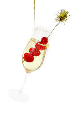 Making Spirits Bright cocktail glass Christmas ornament with glittering tinsel stir stick and red cherries, handcrafted glass decoration
