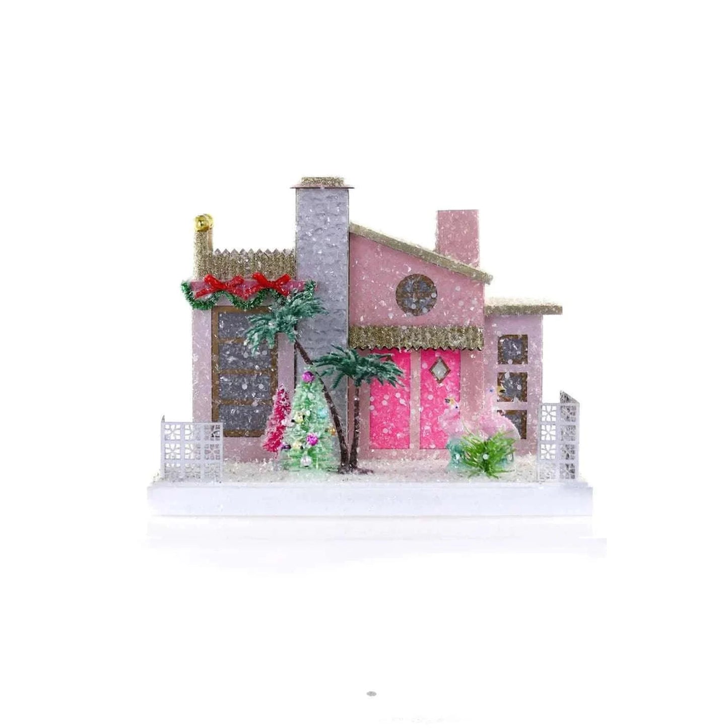 Pink Cody Foster Palm Springs vintage holiday house ornament with festive decorations