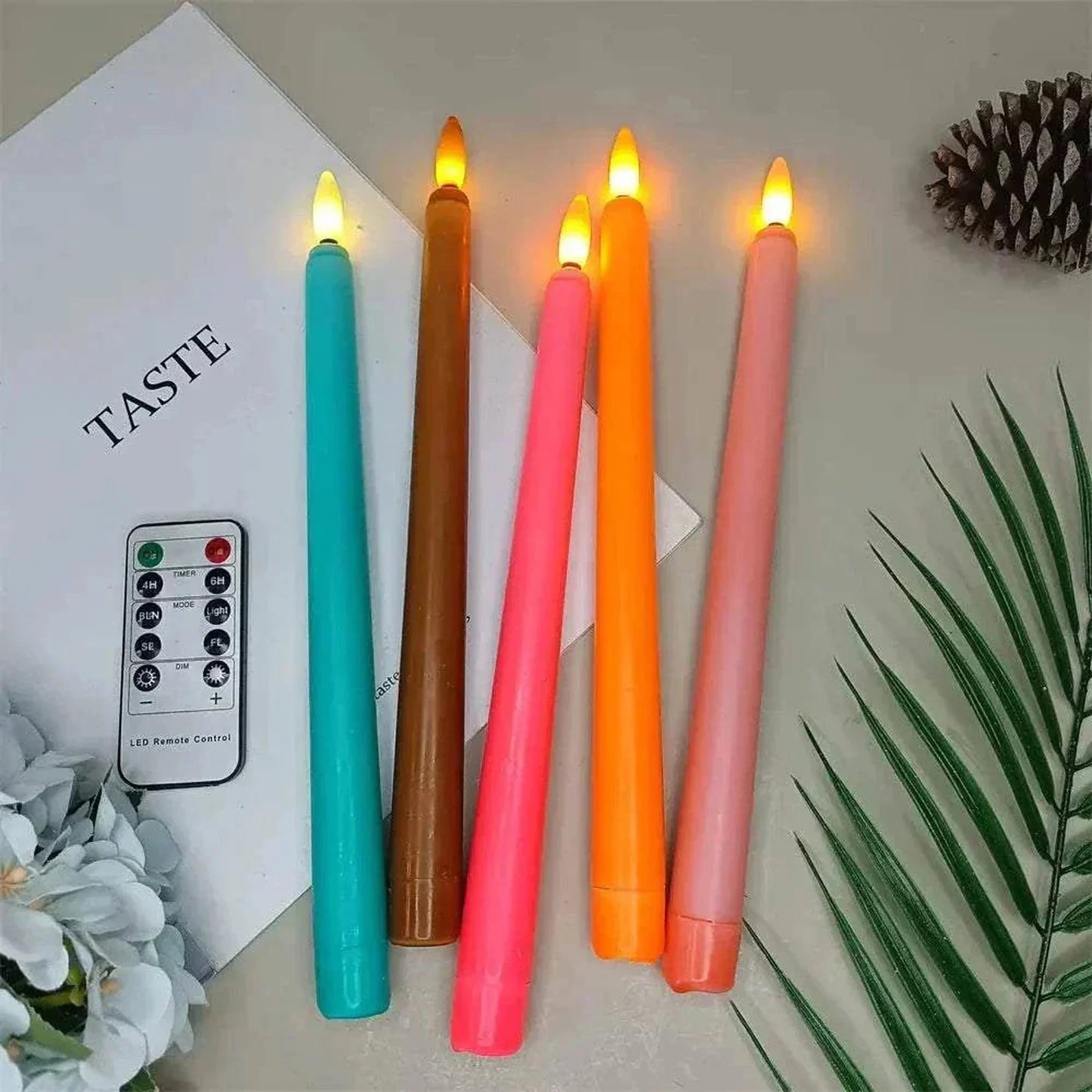 Set of 4 colorful LED flameless taper candles with remote control and flickering light effect