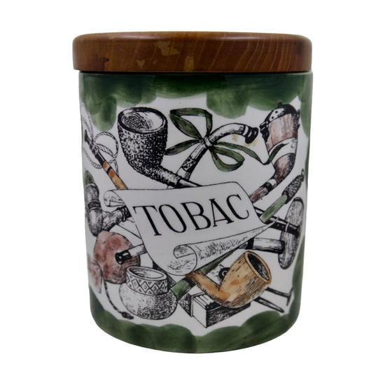 Vintage Majolica “Tobac” Container