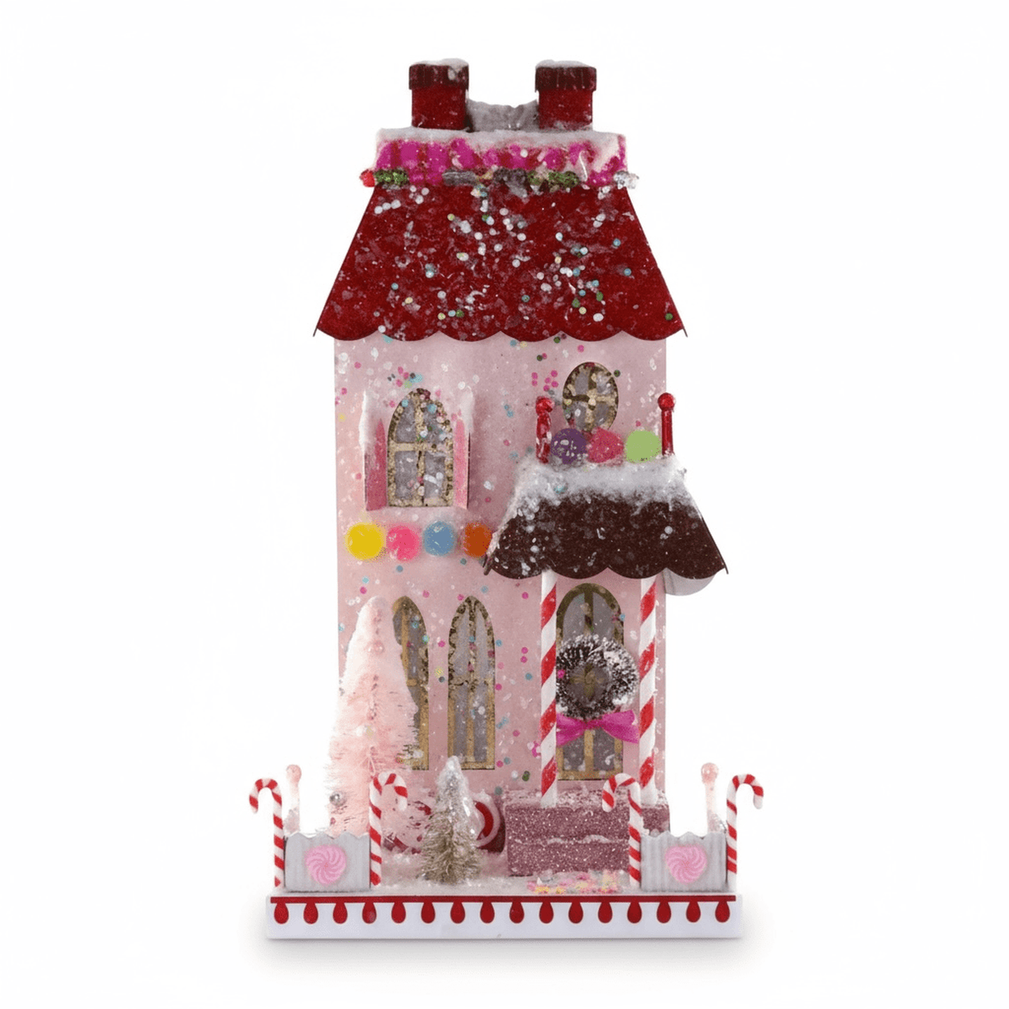 Candy Cane Manor festive cardboard holiday house with vintage details and candy decorations