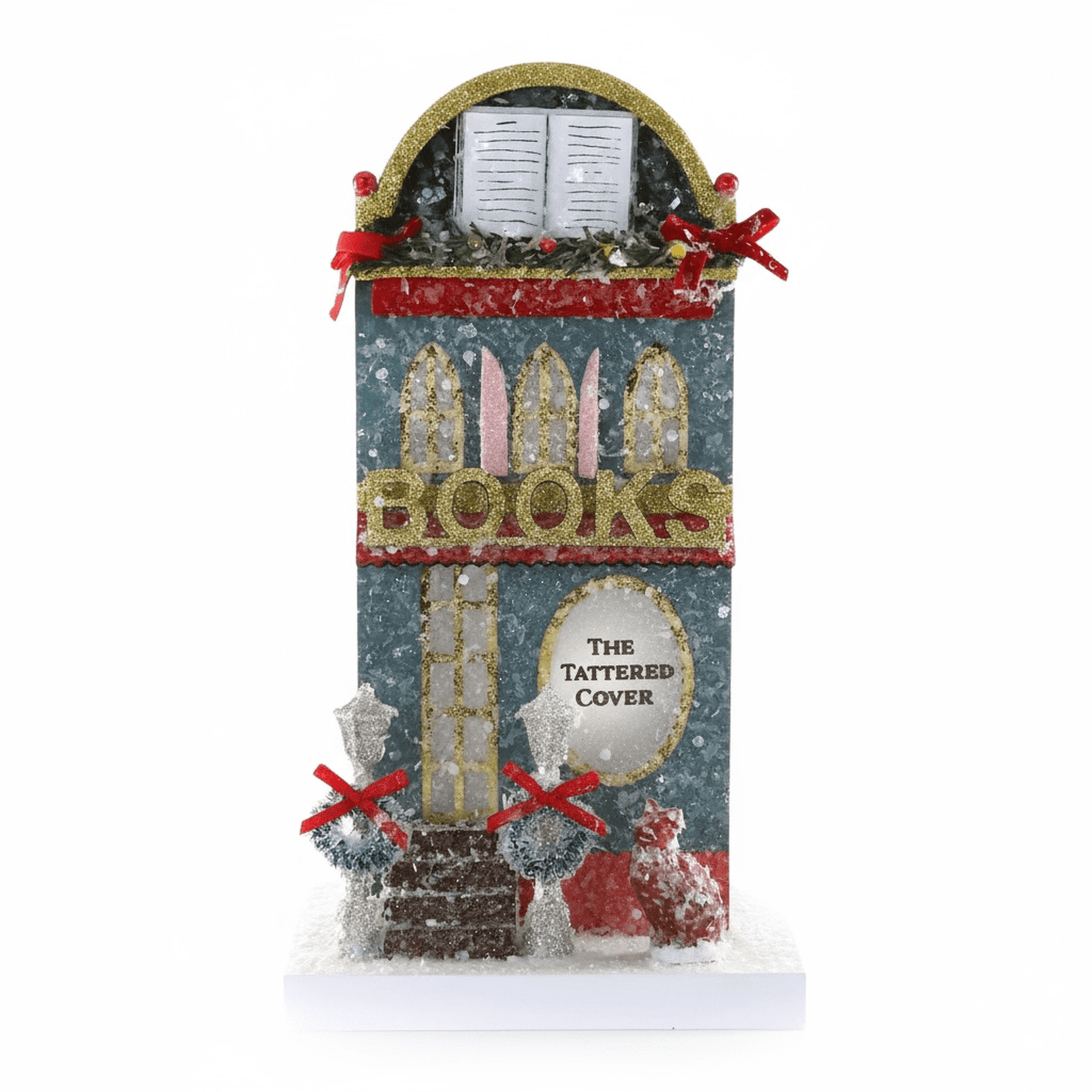 Vintage-inspired cardboard Book Shop holiday house decoration with hand-finished details and festive accents