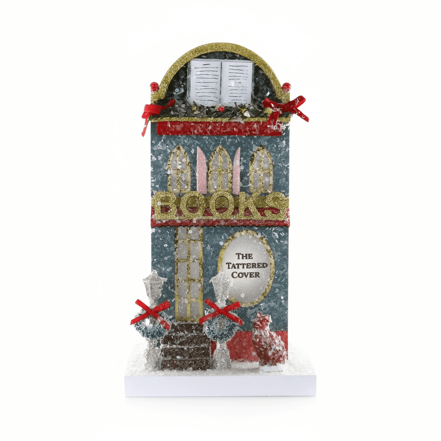 Vintage-inspired Book Shop village house with hand-finished details and holiday decorations, cardboard material, 6x5.75x11 inches.