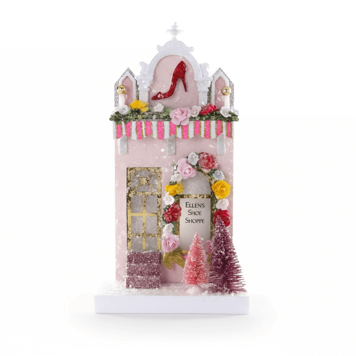Sugar & Spice Bake House pink holiday bake shop with cupcake, bottlebrush trees, and white bulldog decoration