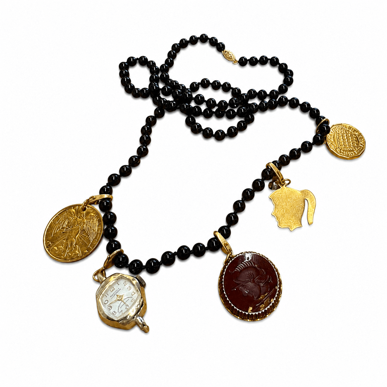 Vintage Black Onyx Bead Necklace with Gold Charms — Coin, Watch, Elephant & Intaglio - Curated Home Decor
