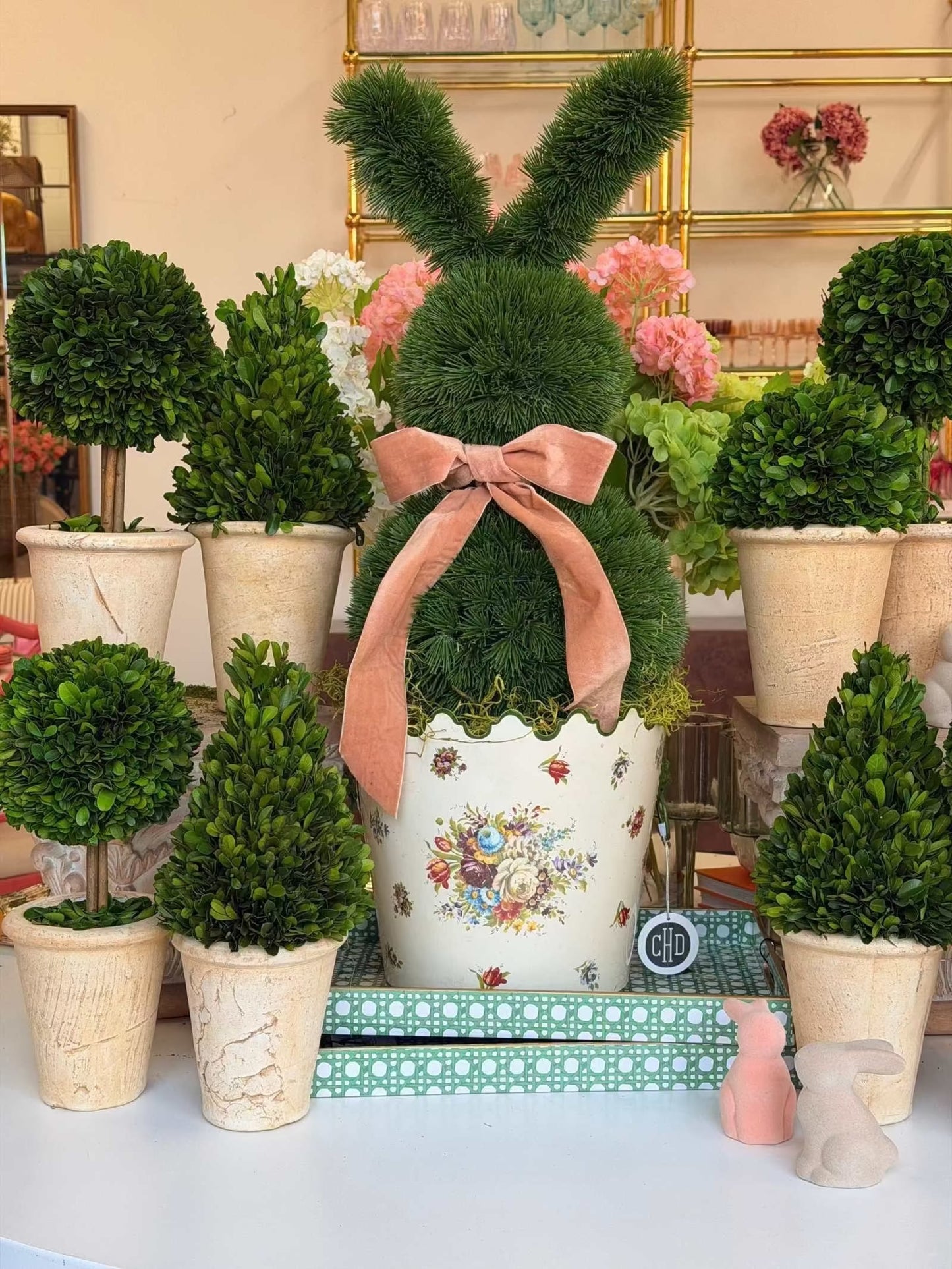 
                  
                    Assorted preserved boxwood topiary shapes in vibrant green for indoor decor
                  
                