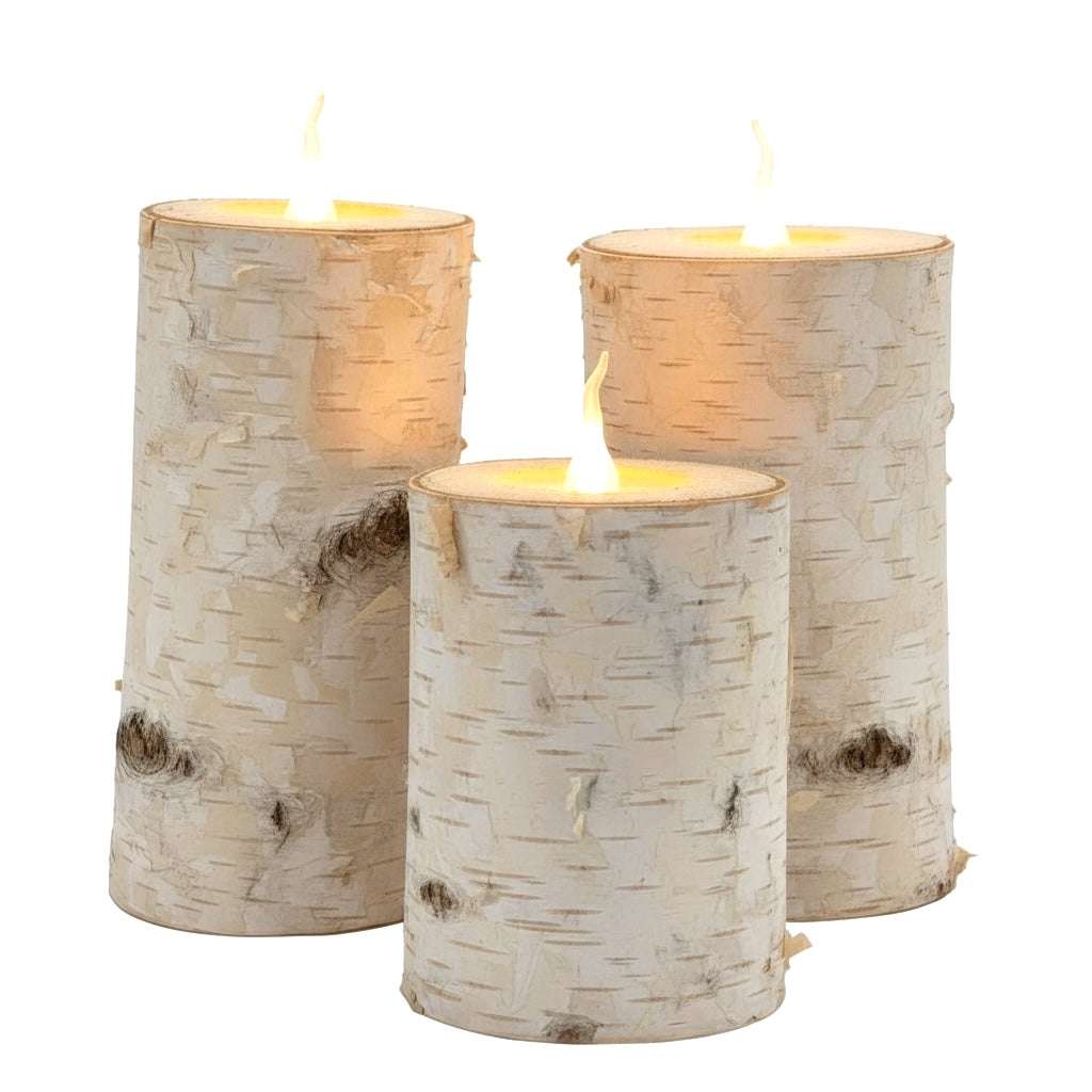 Set of three real bark wood flameless candles with natural LED flickering light