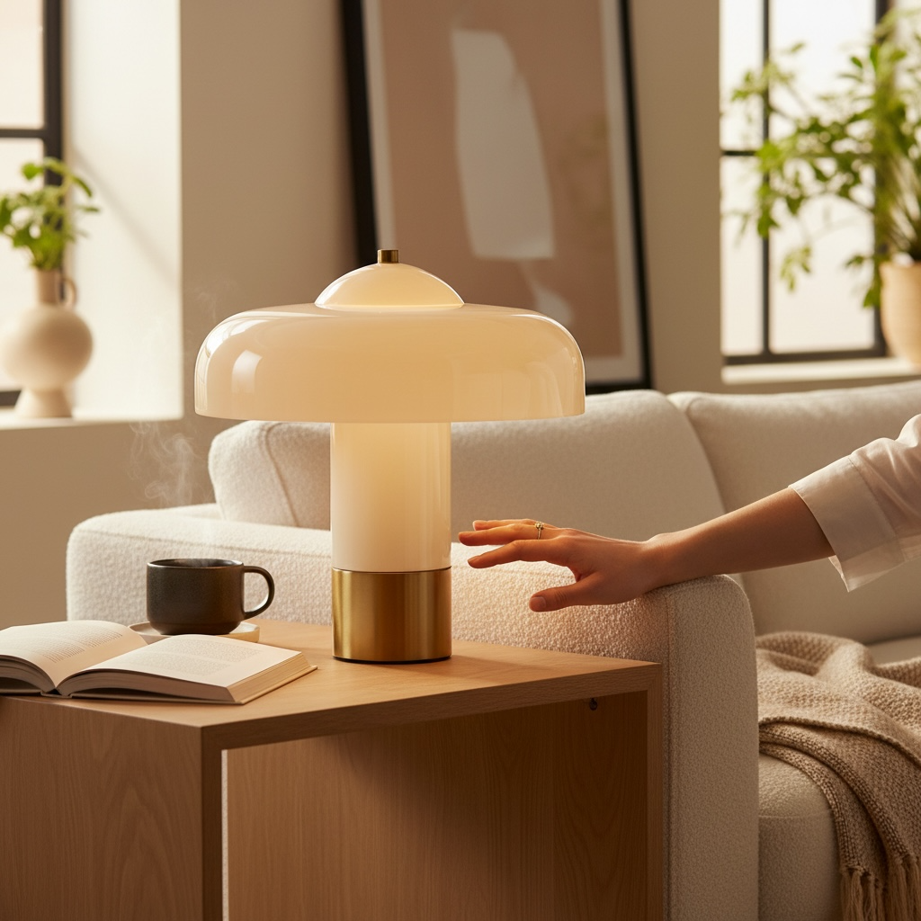 Ivory mushroom lamp with glossy glass shade and warm brass base providing ambient light