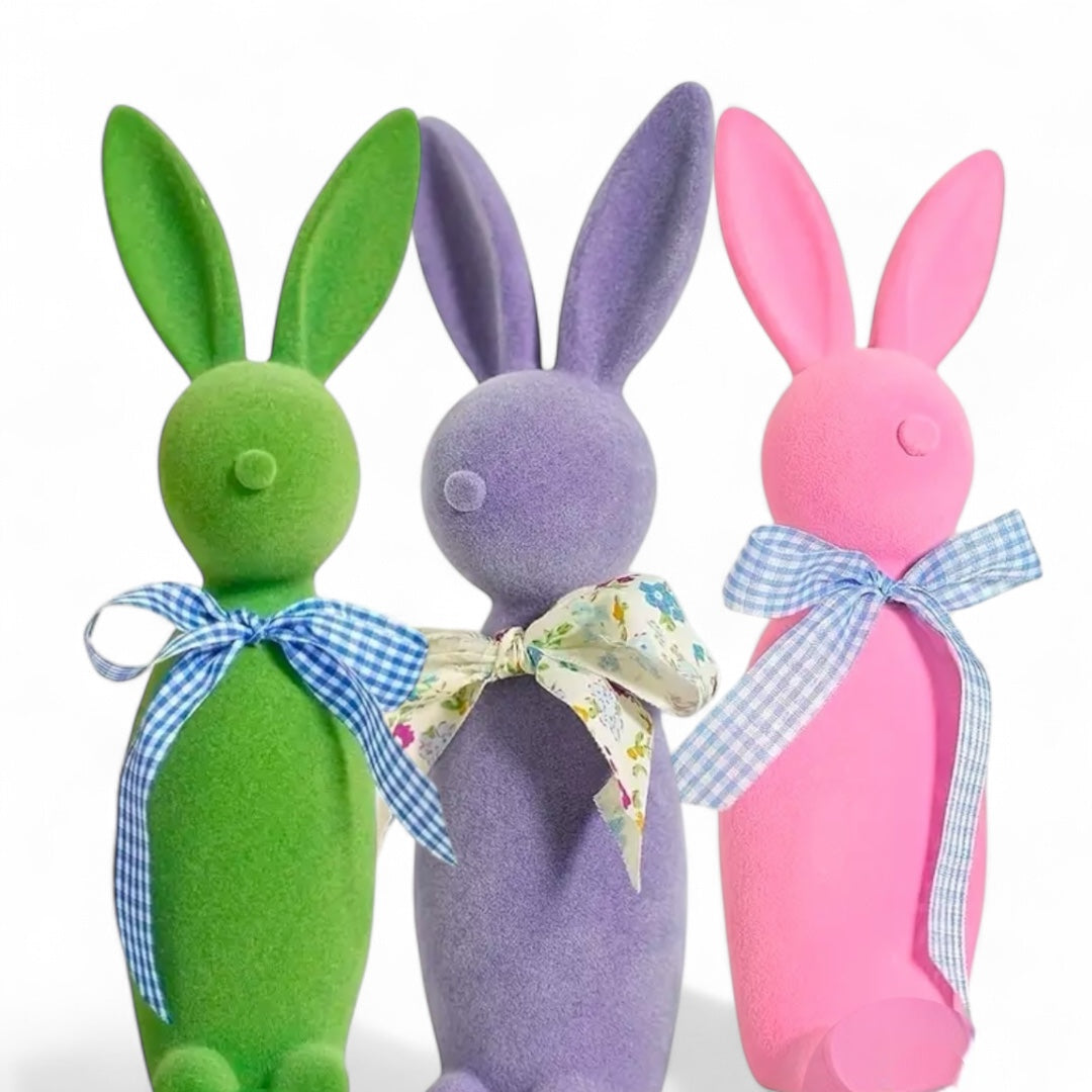 9" Assorted Flocked Bunny with Bow