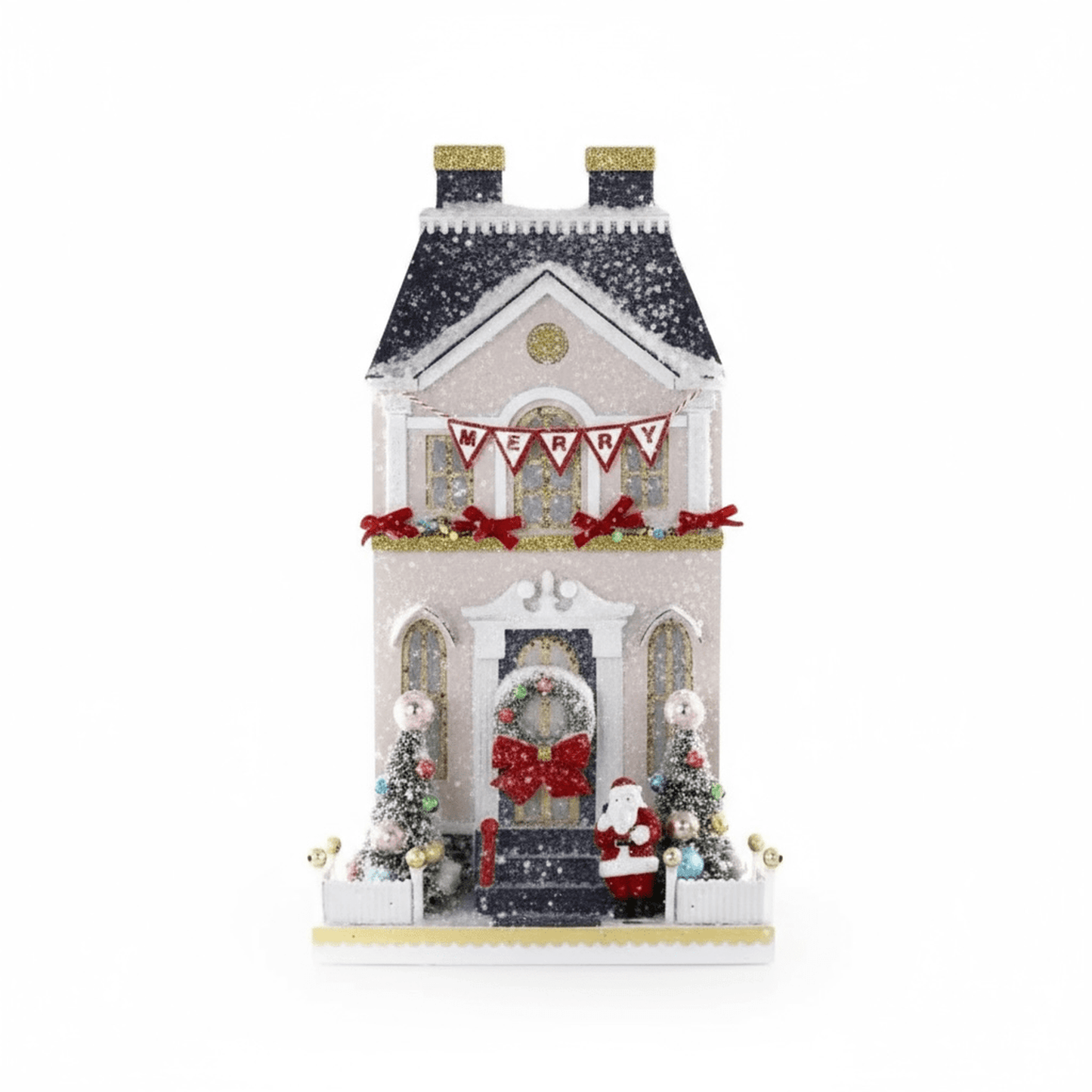 Handcrafted Merry Manor with pink snow-covered roof, Santa figure, red bows, glittery wreath, and "MERRY" banner Christmas decoration.