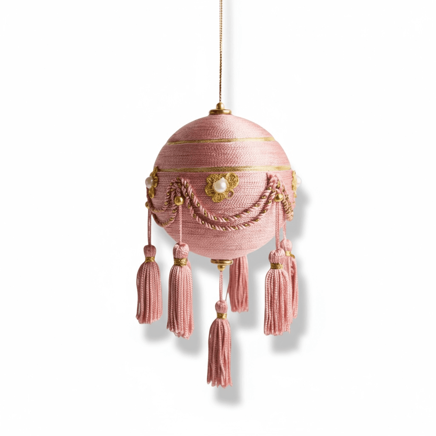 Swag & Tinsel Bauble ornament in pink with gold accents and tassels hanging holiday decoration