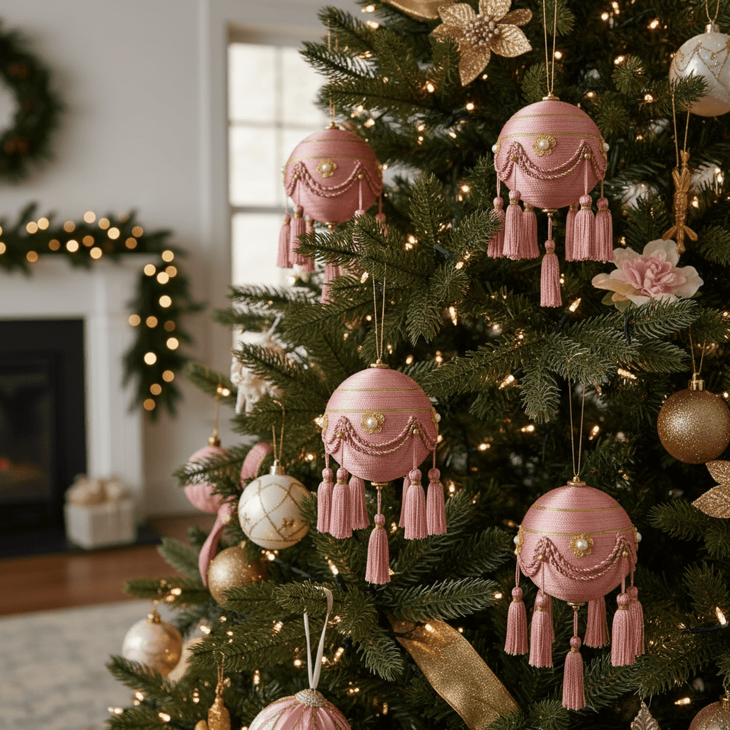 Swag & Tinsel Bauble ornament in pink with gold detailing and tassels hanging on Christmas tree