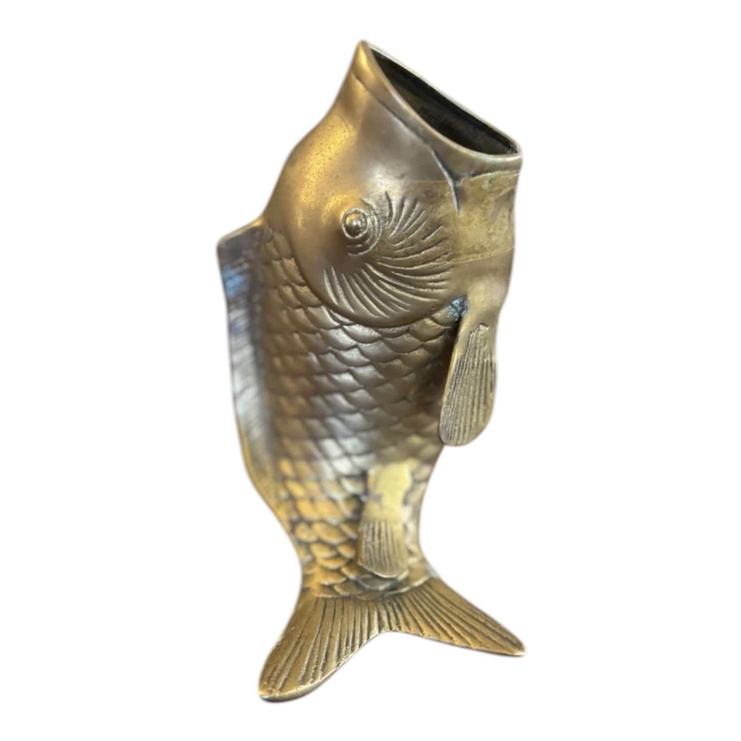 MCM Brass Koi Fish 7" vintage brass sculpture with detailed scales in dynamic leaping pose