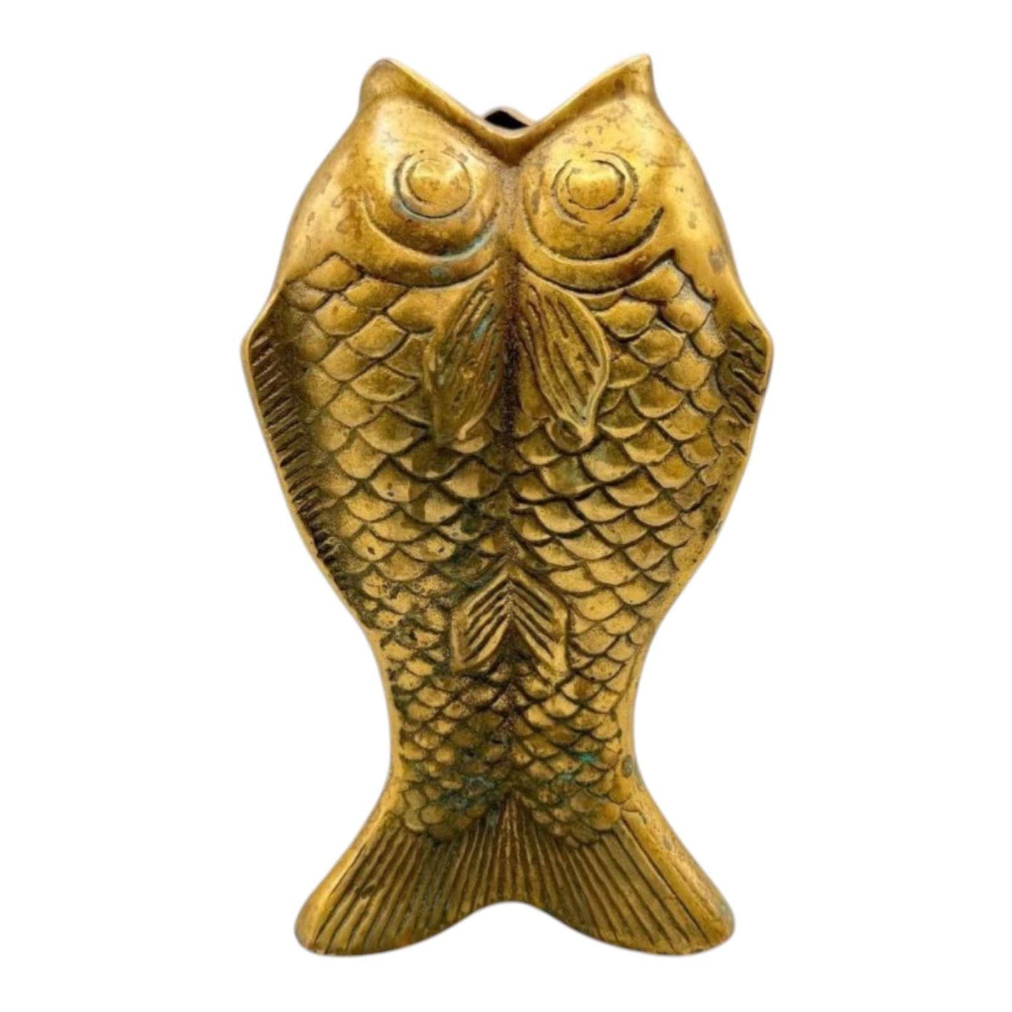 Vintage brass koi fish vase with intricate detailing and aged patina, handcrafted in Korea, 7.5 inches tall.