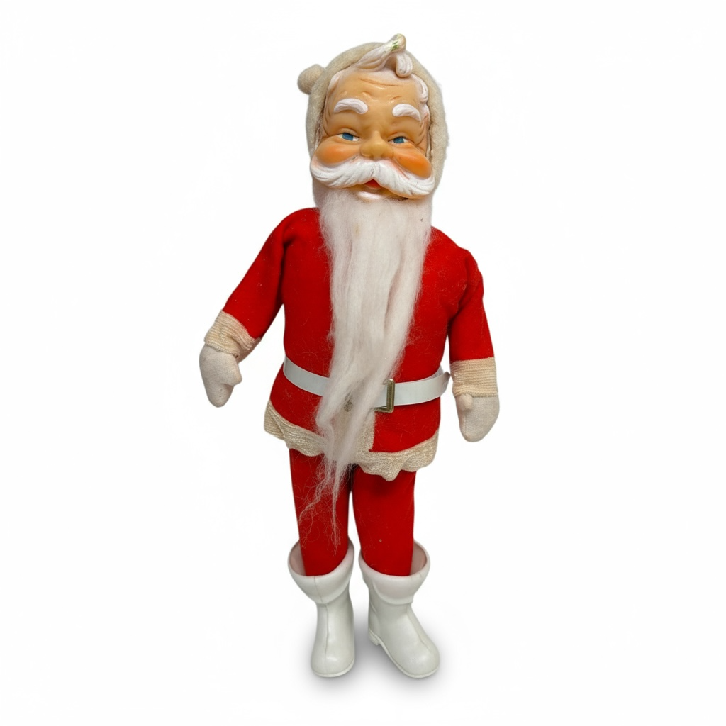 Vintage Santa plush doll with red suit, white belt, molded rubber face, and plastic boots from the 1950s-60s
