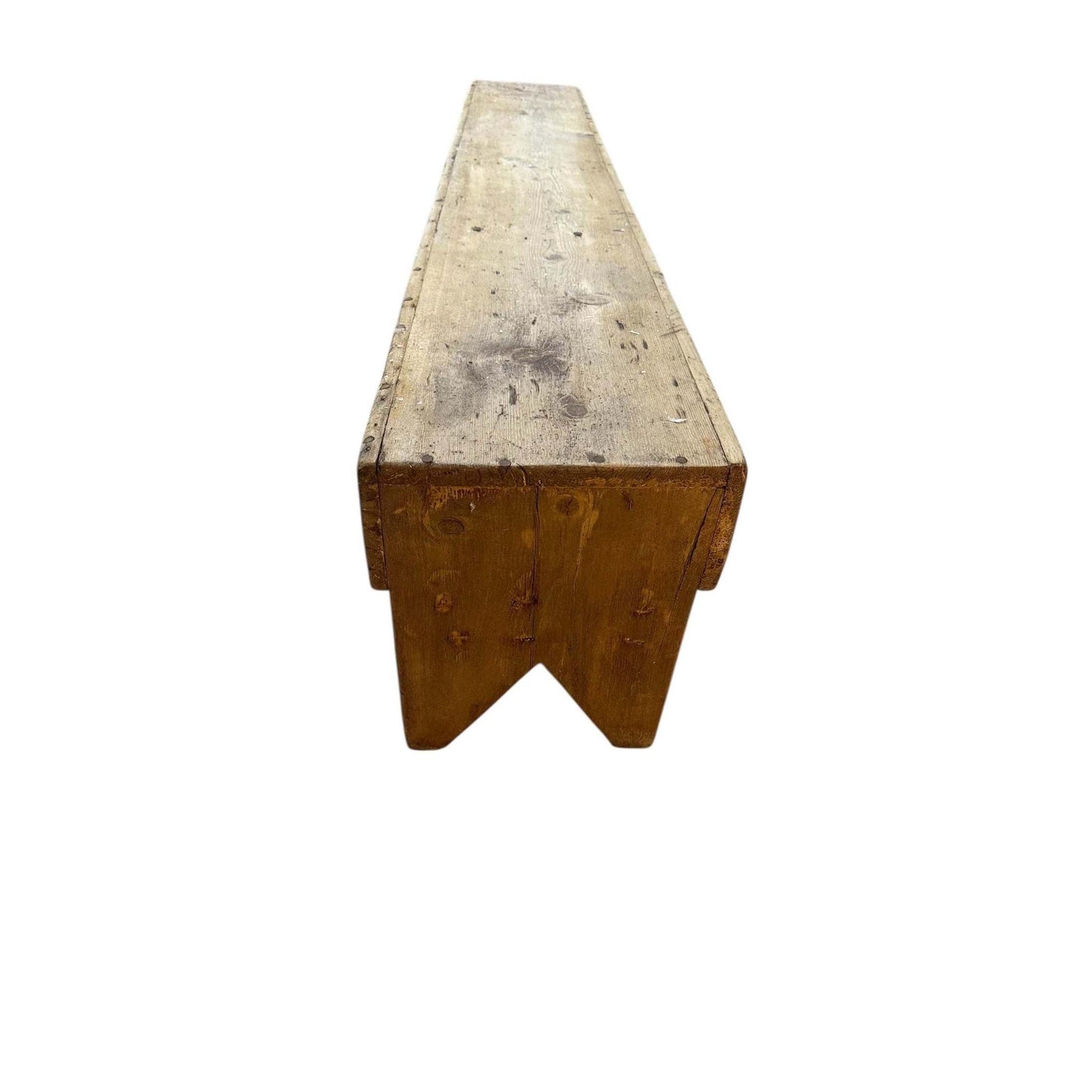 Primitive extra-long farm bench made of solid wood with rustic patina and hand-hewn edges, 84 inches long