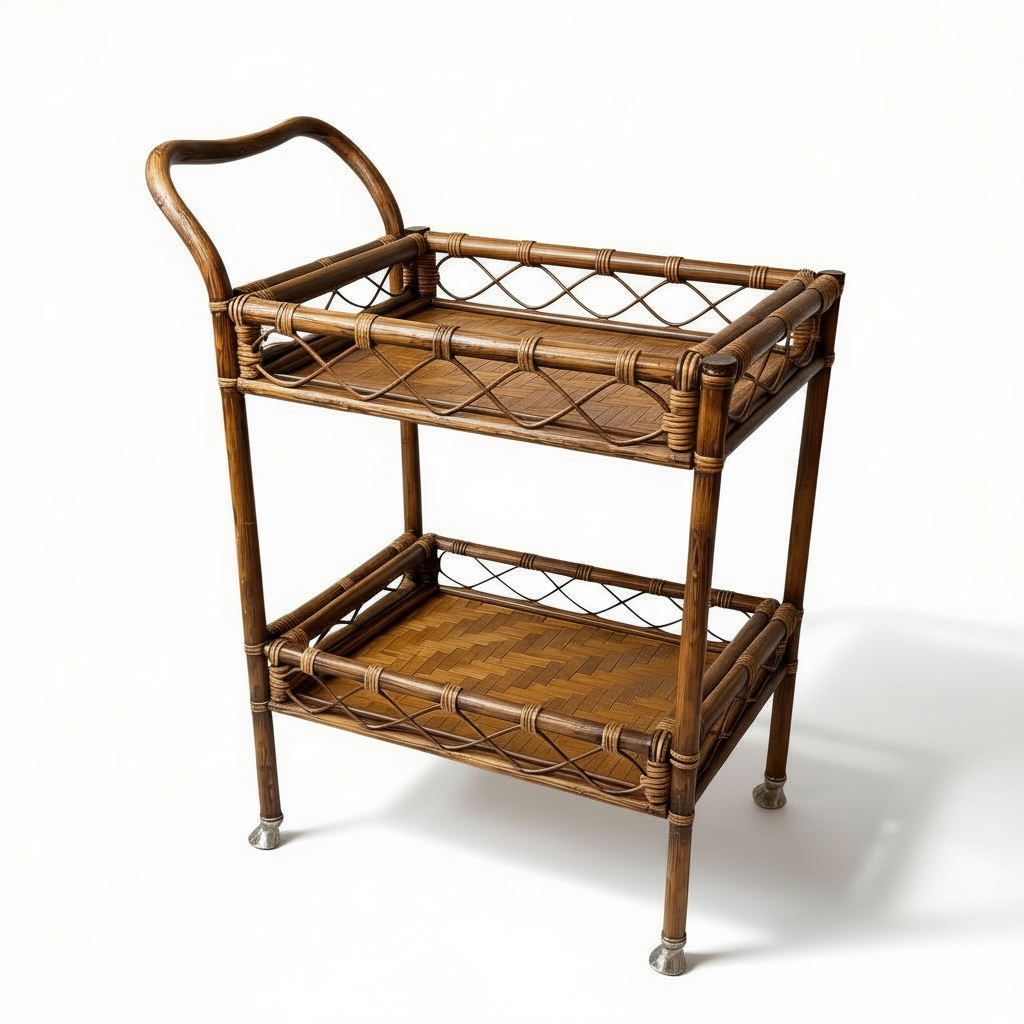 Vintage rattan bar cart with two wicker shelves and bamboo-style frame on chrome casters