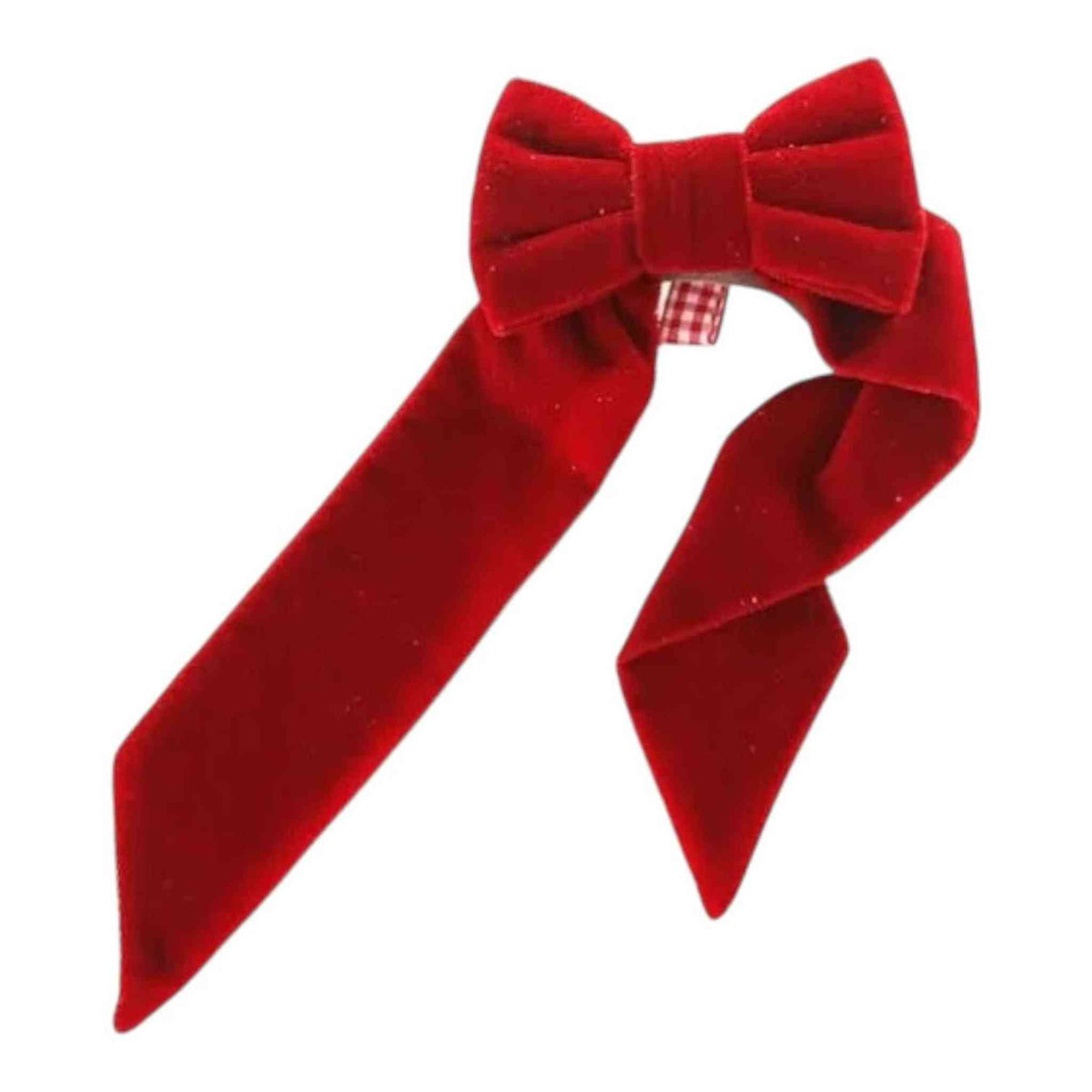 
                  
                    Red velvet bow tie ornament with hand-finished festive design for holiday décor
                  
                