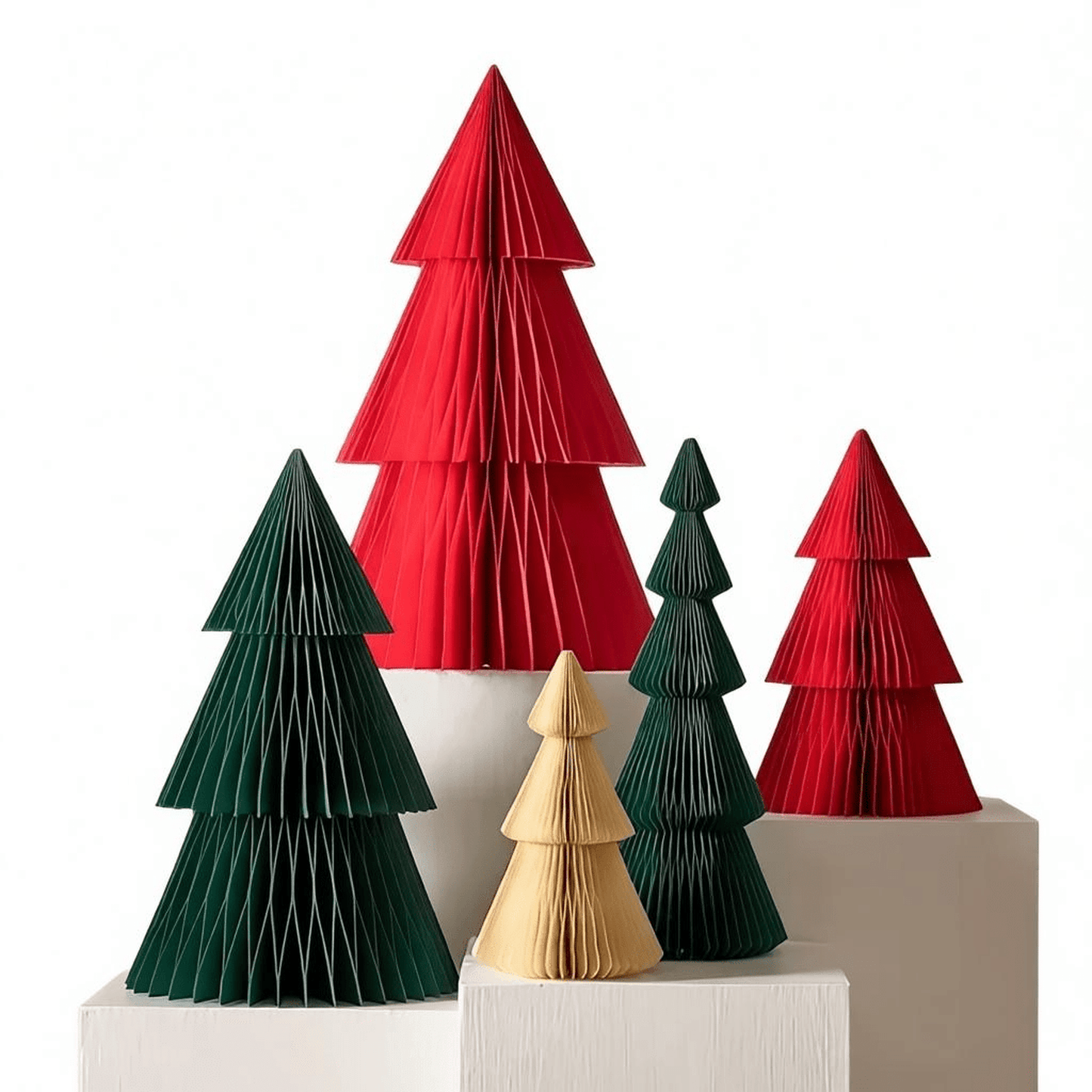 Assorted paper trees in red, cream, and green in medium and large sizes