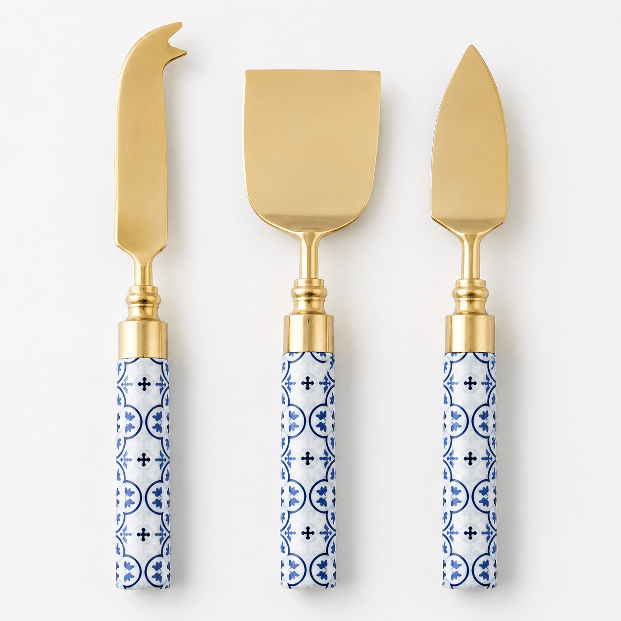 Blue & White Cheese Knife Set – 3 Piece Gold Finish - Curated Home Decor