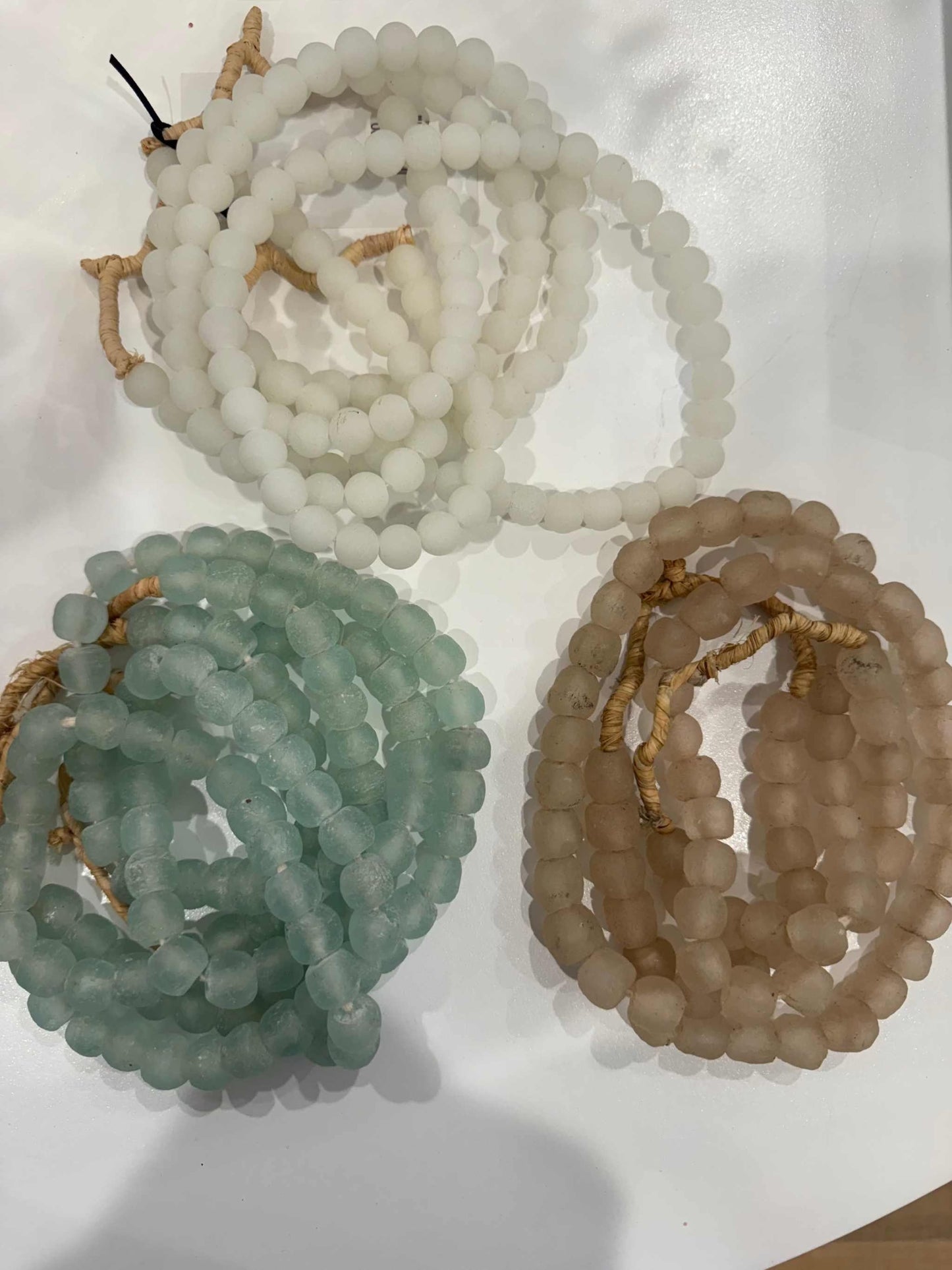 Recycled frosted glass beads in white, green, and brown for home or office decor, 6mm round, 12-inch strands