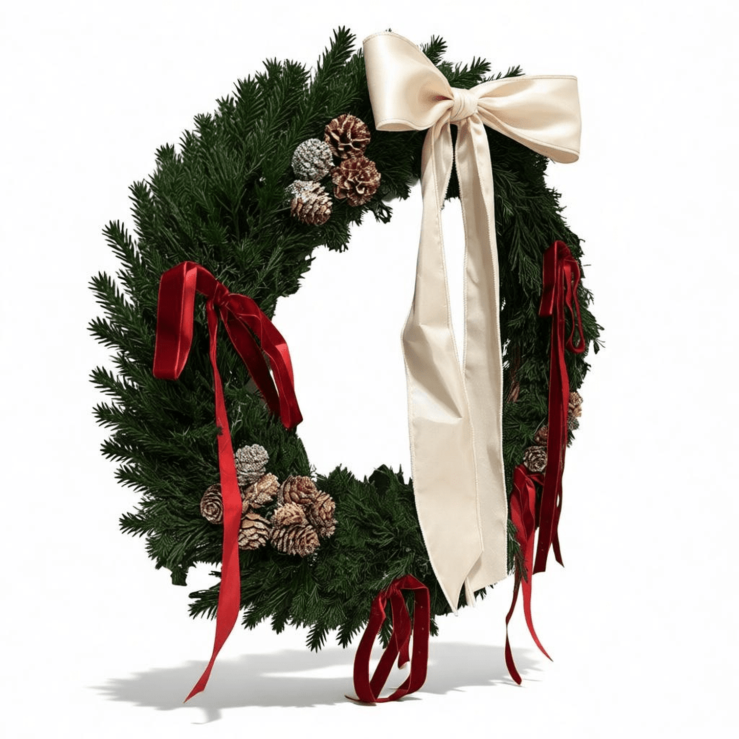 Classic Manor Holiday Wreath with preserved boxwood, natural pinecones, oversized ivory bow, and red ribbons for indoor decor