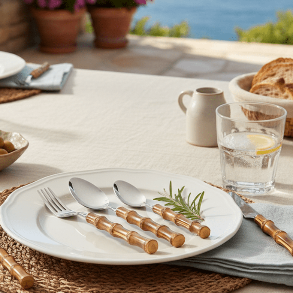 
                  
                    Bamboo Handle Flatware Set — 20 Piece, Stainless Steel - Curated Home Decor
                  
                