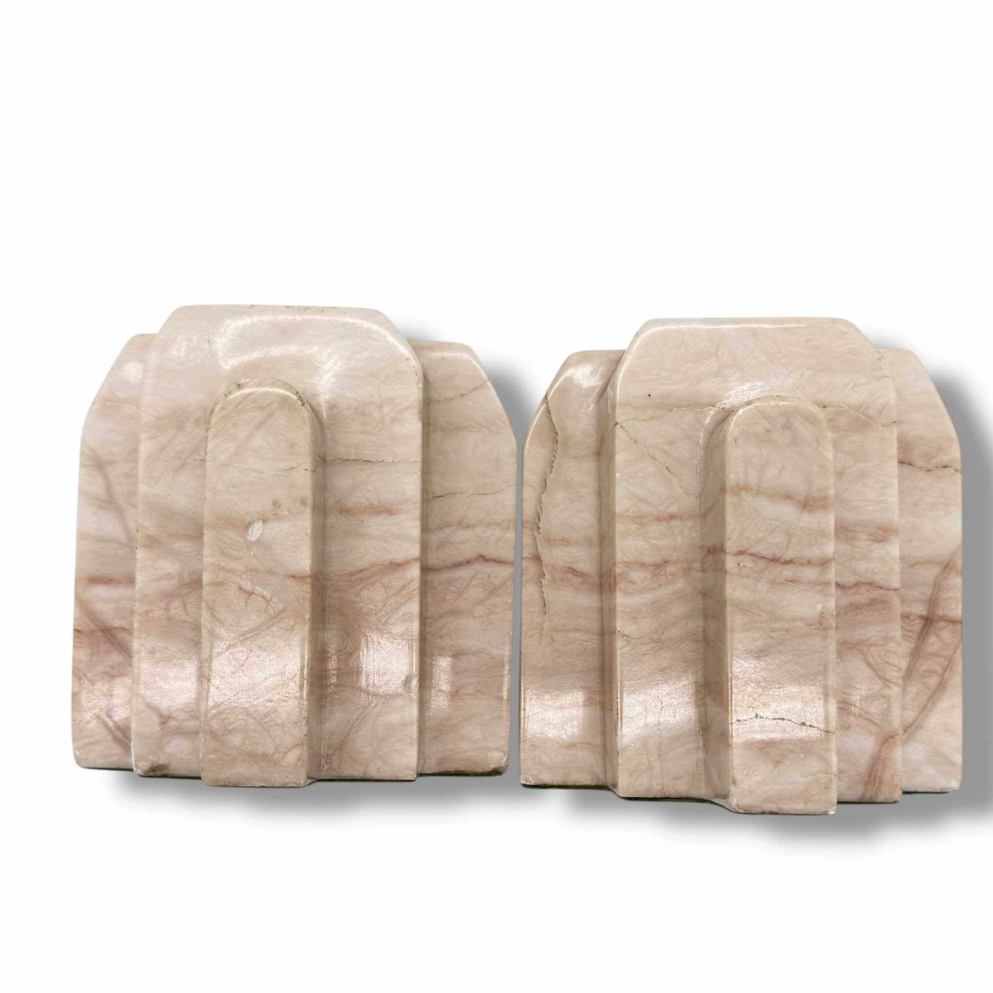 Vintage peach alabaster bookends with soft pink hue and hand-carved polished finish