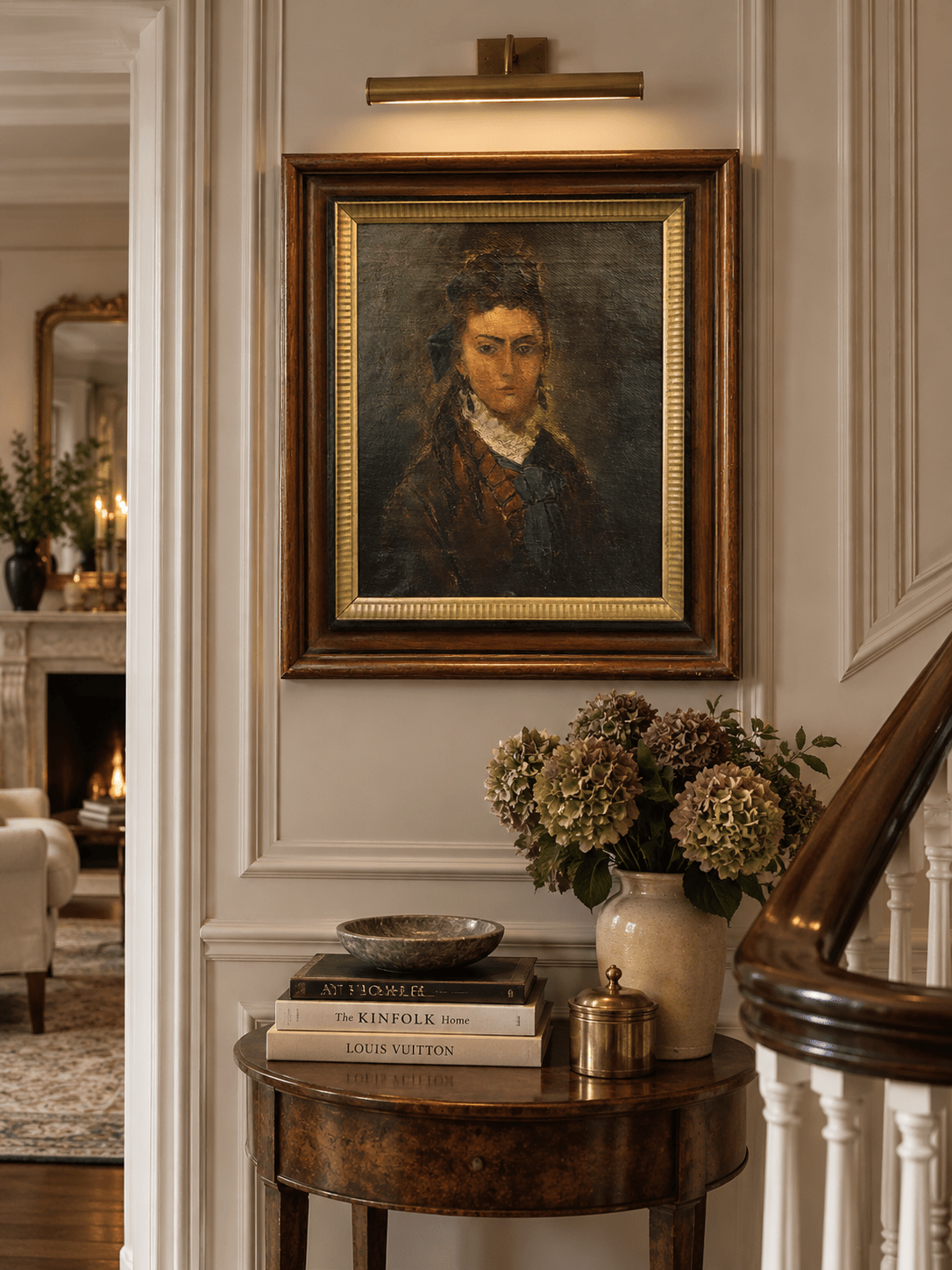 Antique Framed Oil Portrait of a Woman with Blue Bow - Curated Home Decor