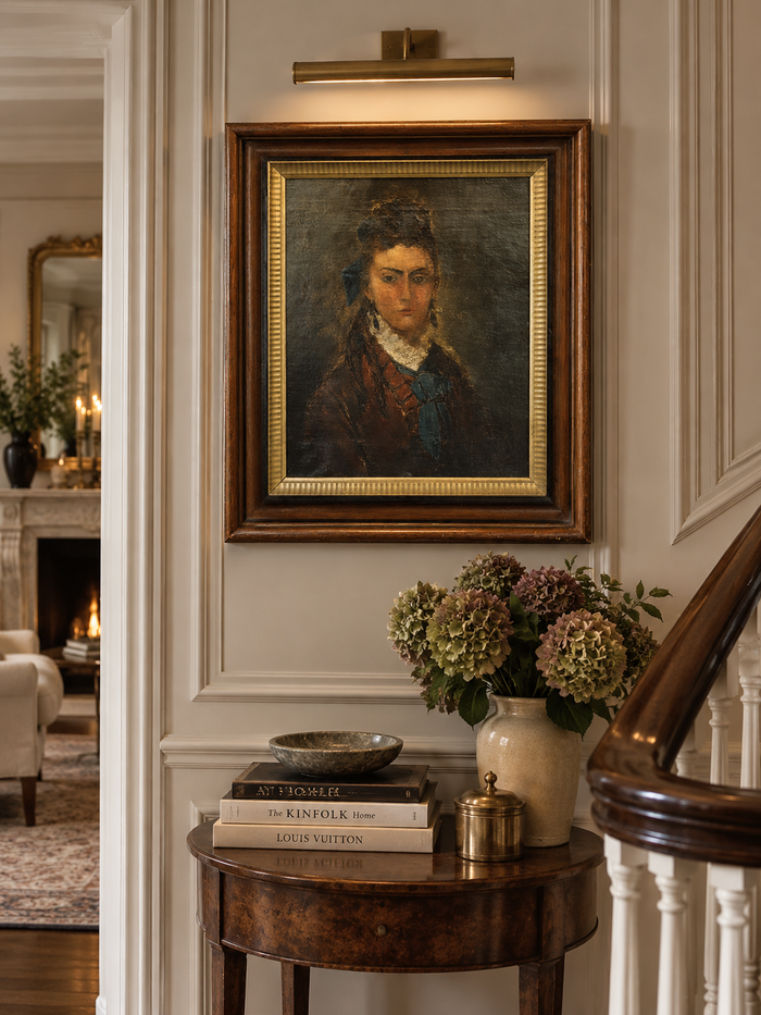 Antique Framed Oil Portrait of a Woman with Blue Bow
