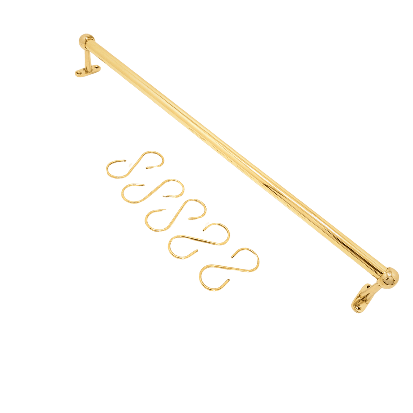 Solid brass hanging pot rail with matching brass S-hooks and wall-mounted brackets for kitchen organization