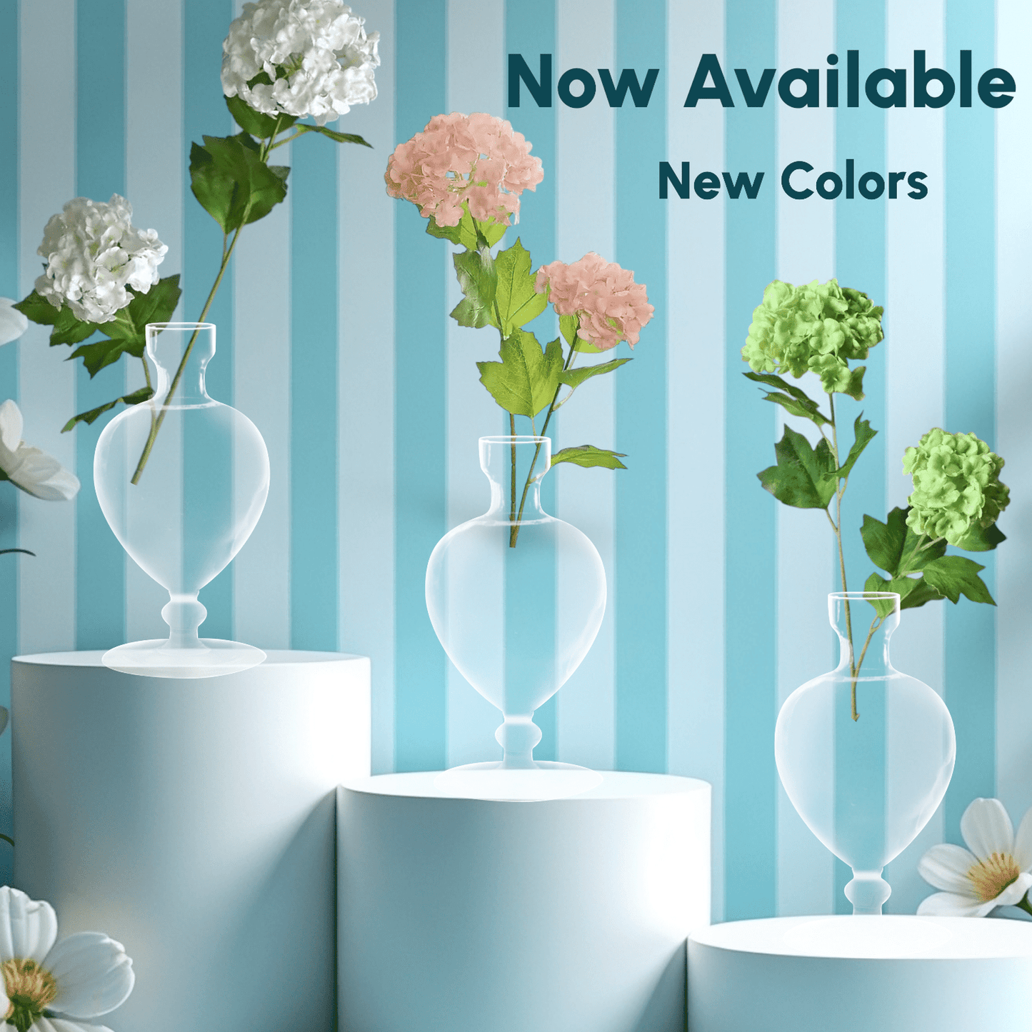 EternaBloom Real Touch Hydrangea artificial flowers in new colors displayed in clear vases on white podiums against blue striped background