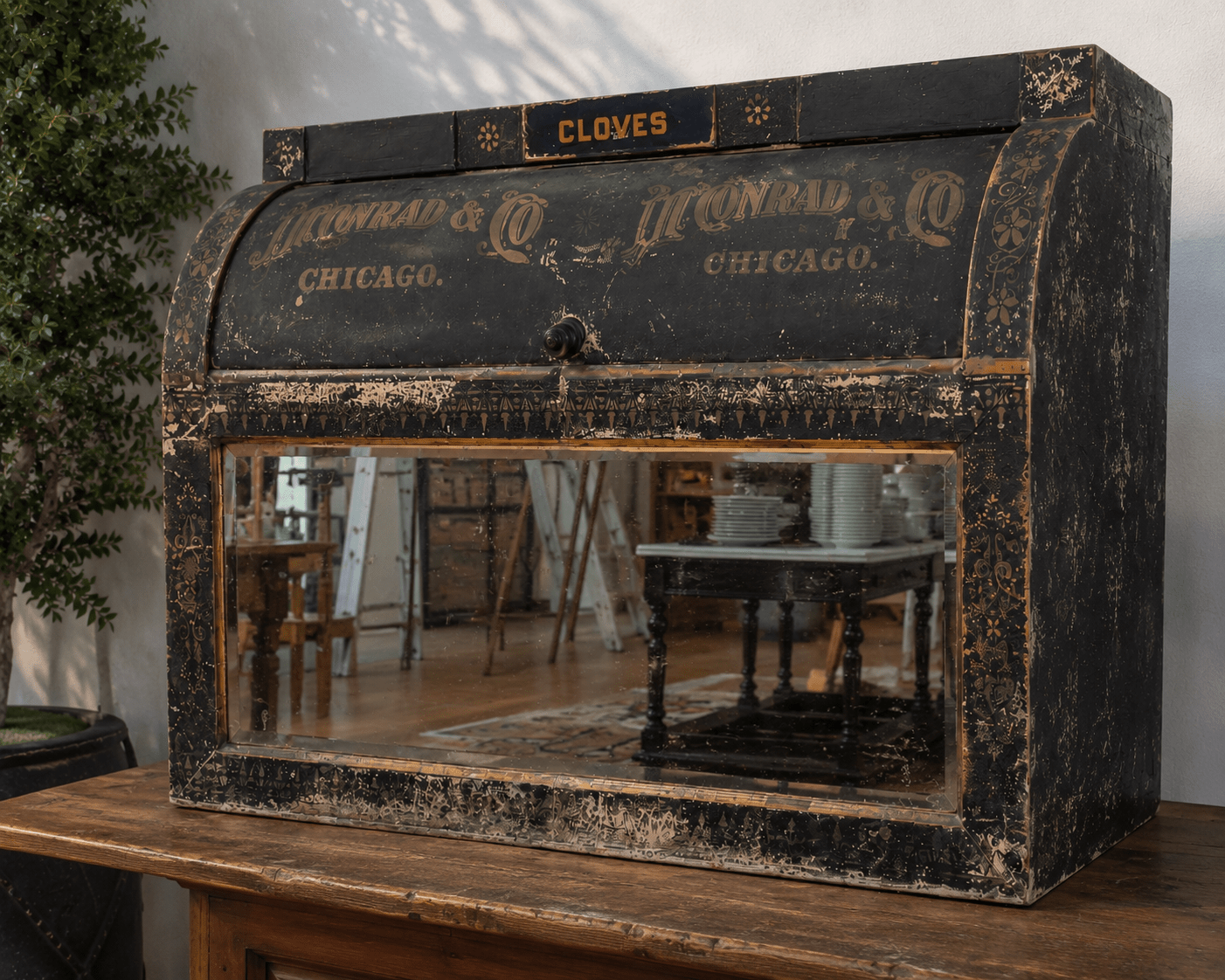 Antique Monrad & Co. Chicago Cloves General Store Display Cabinet - Curated Home Decor