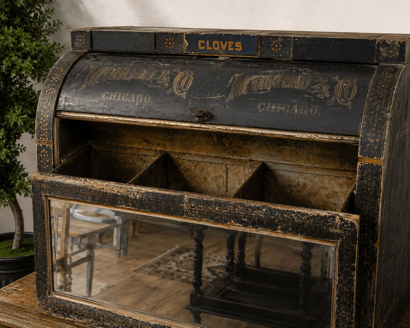 Antique Monrad & Co. Chicago Cloves General Store Display Cabinet - Curated Home Decor