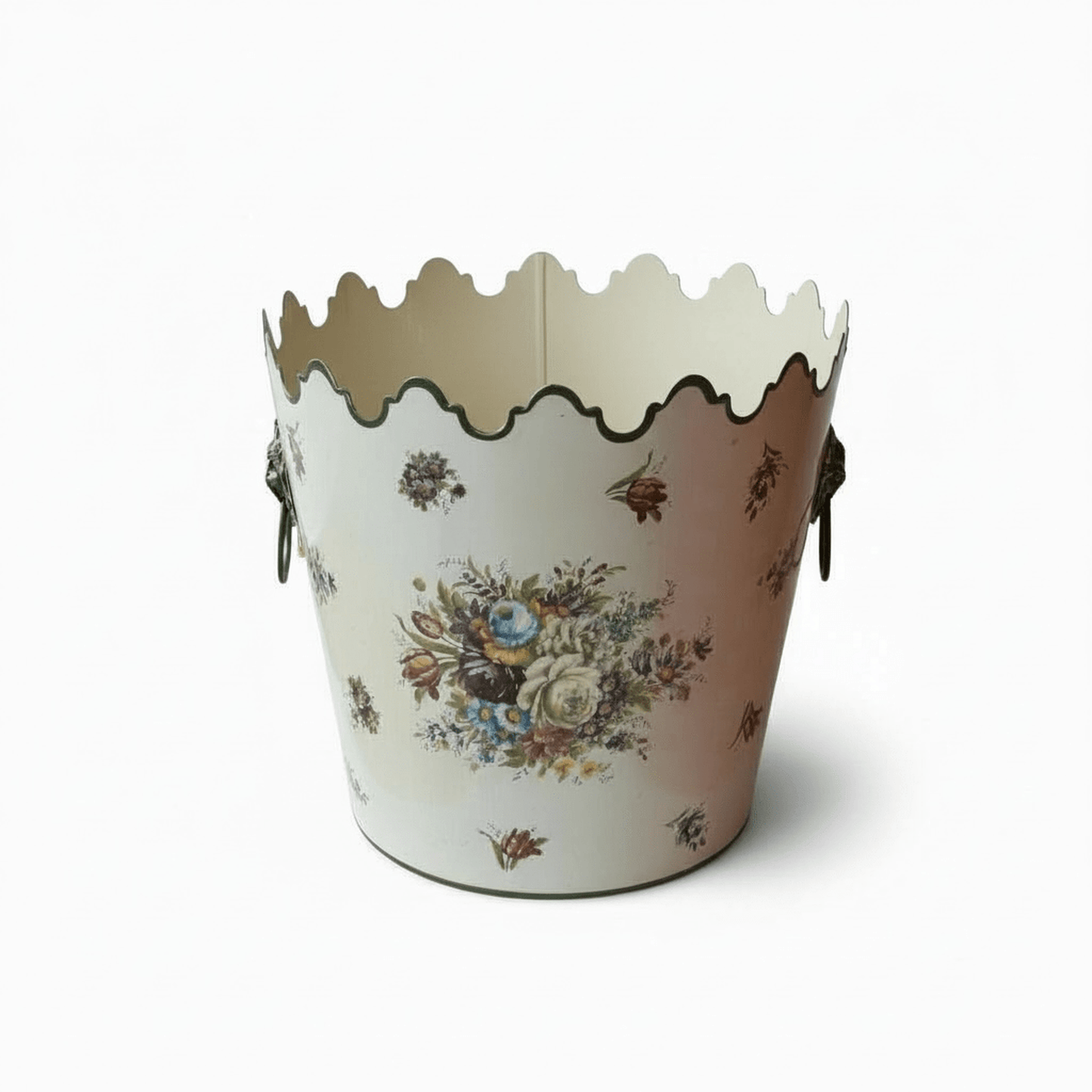 Vintage metal waste basket with hand-painted floral design and lion head handles made in Italy