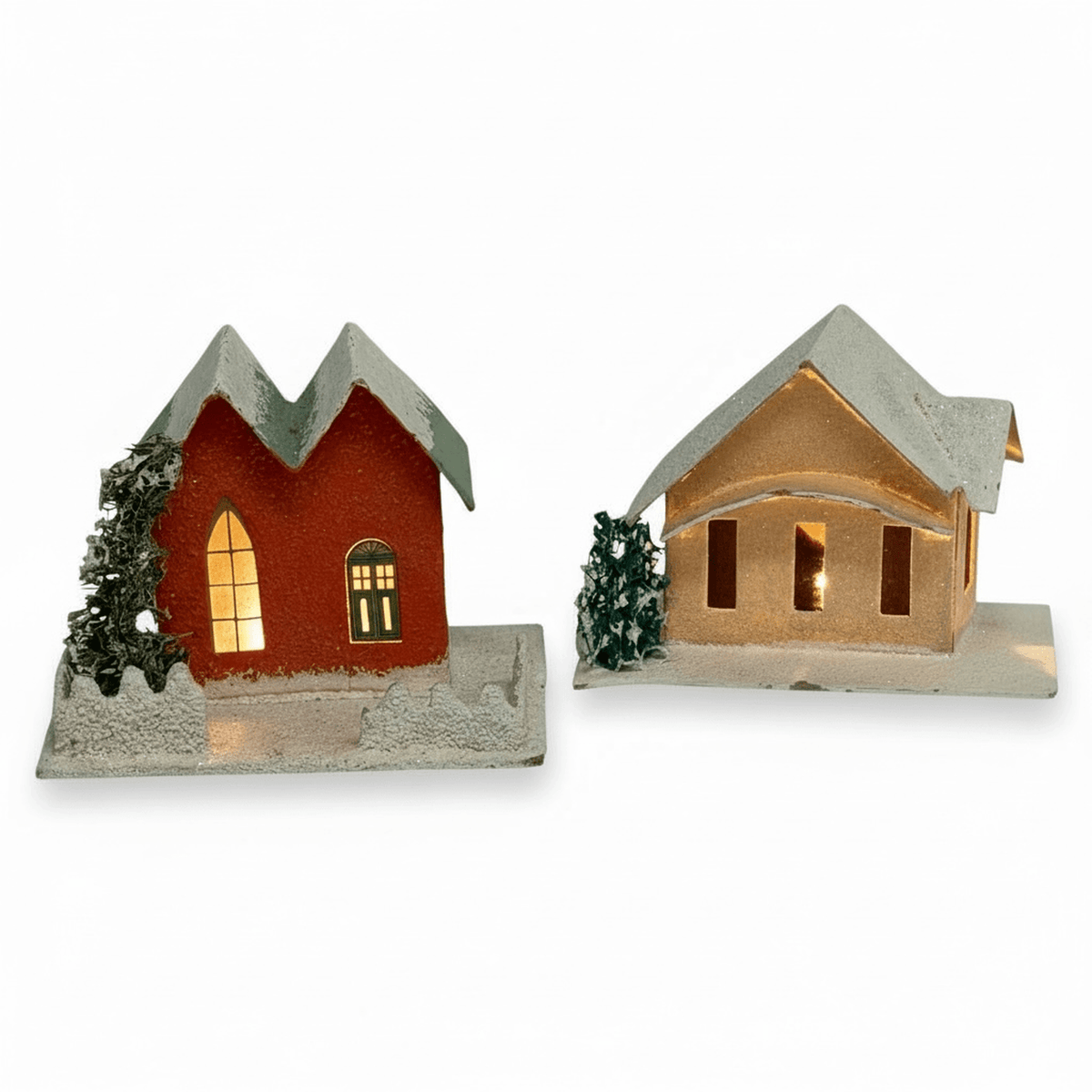 Vintage Putz Houses with Snowy Roofs, Set of 2 - Curated Home Decor